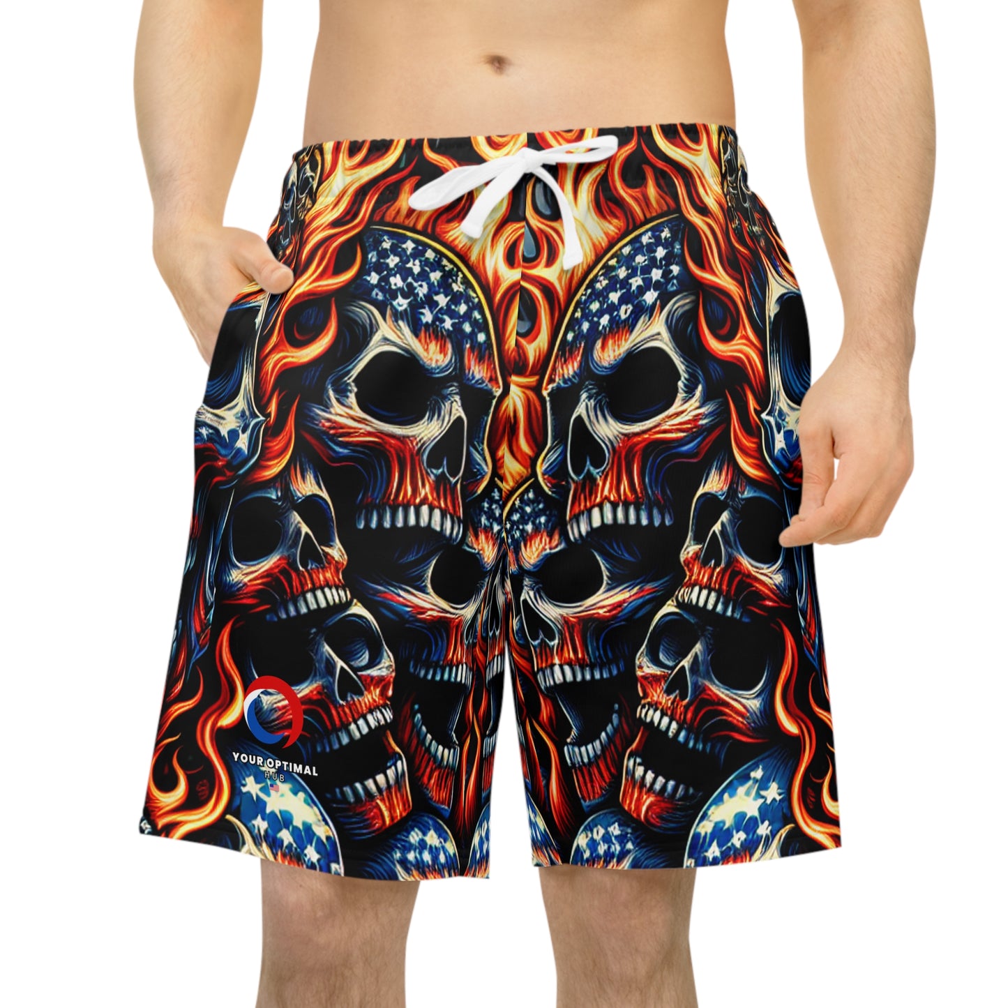 Patriotic Fury: Menacing Skull Inferno and Stars-Stripes Motif Shorts - Patriotic Streetwear Shorts