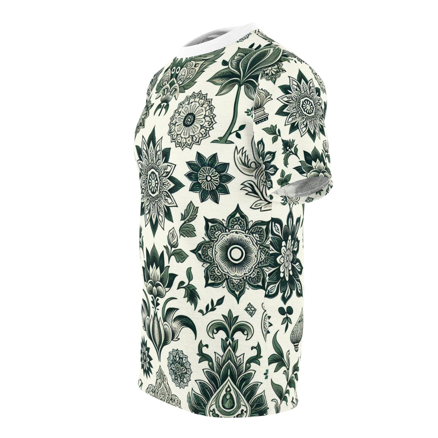 Traditionally Inspired Indian Motif Seamless Patterned T-shirt in White & Green - Intricately Designed Geometric & Floral Arrangement Tee