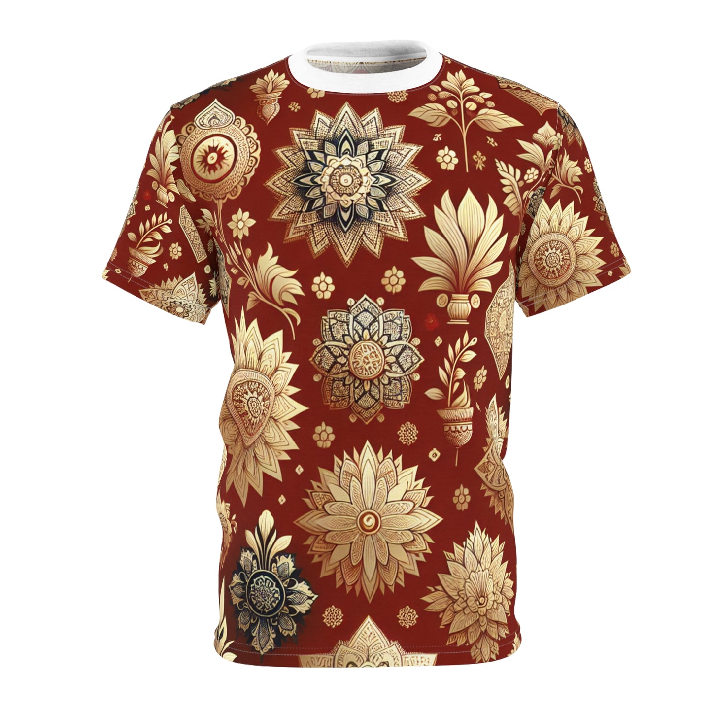 Traditional Indian Motif T-Shirt - Gold & Red Seamless Pattern - Floral and Geometric Design - Intricate Style for Modern Design - Indian Streetwear Tee