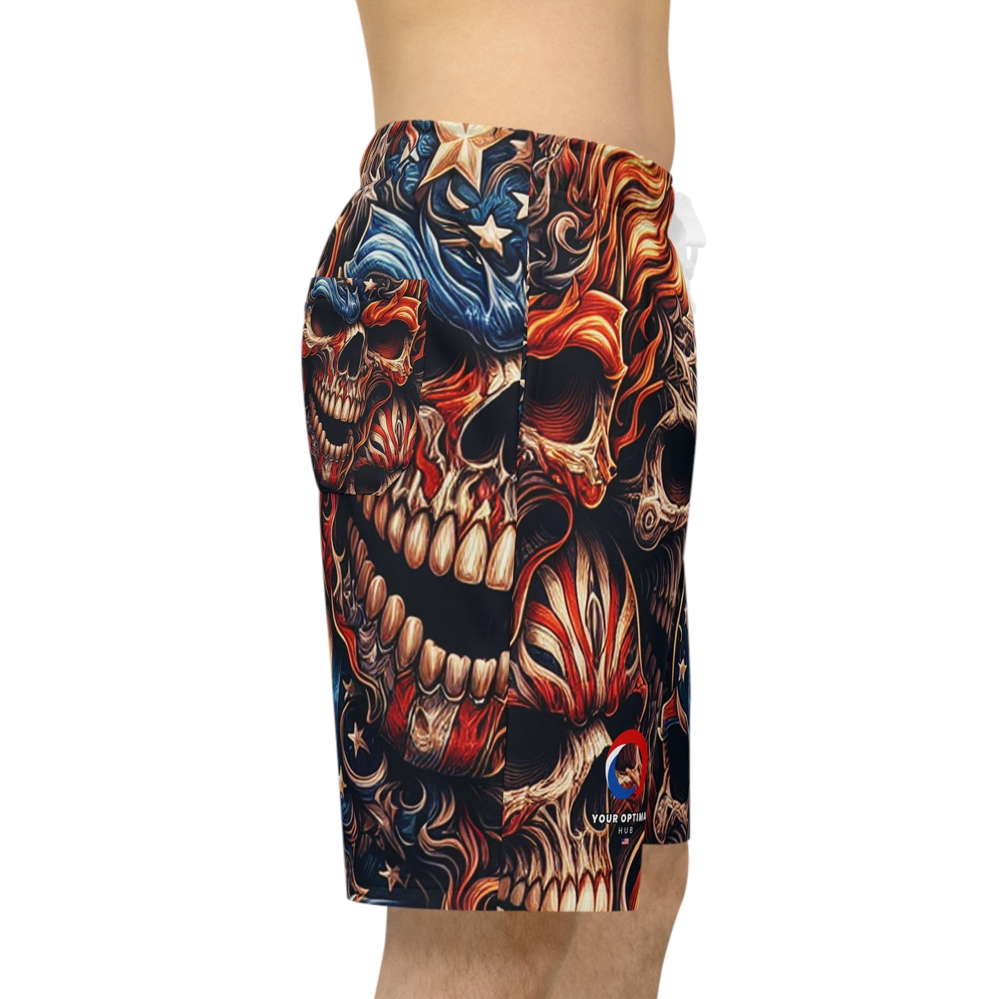 Blazing Patriot Inferno: Skull-Fire Tattoo Hybrid Shorts - Patriotic Streetwear Shorts