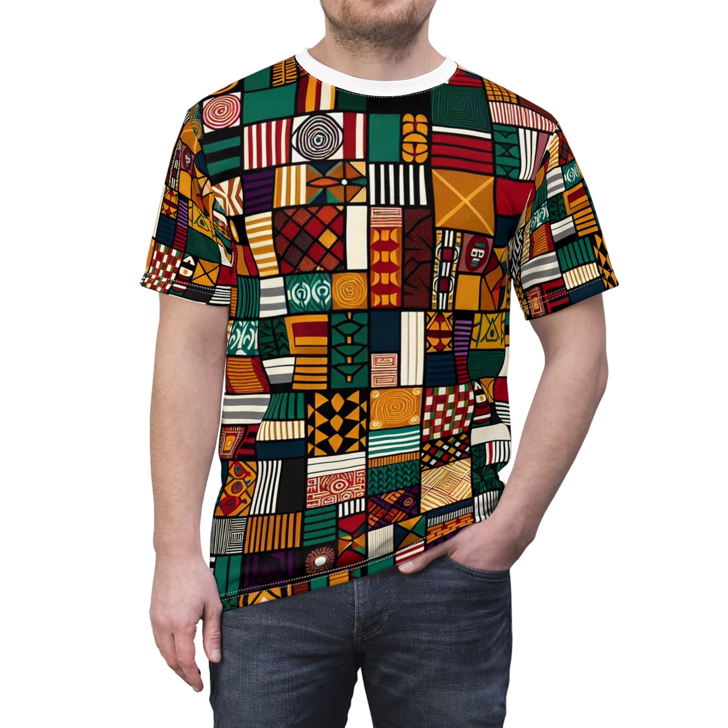 Vibrant Pan-African Heritage T-shirt - Geometric Kente & Adinkra Symbol Collage - African Tribal Pattern-Inspired Tee