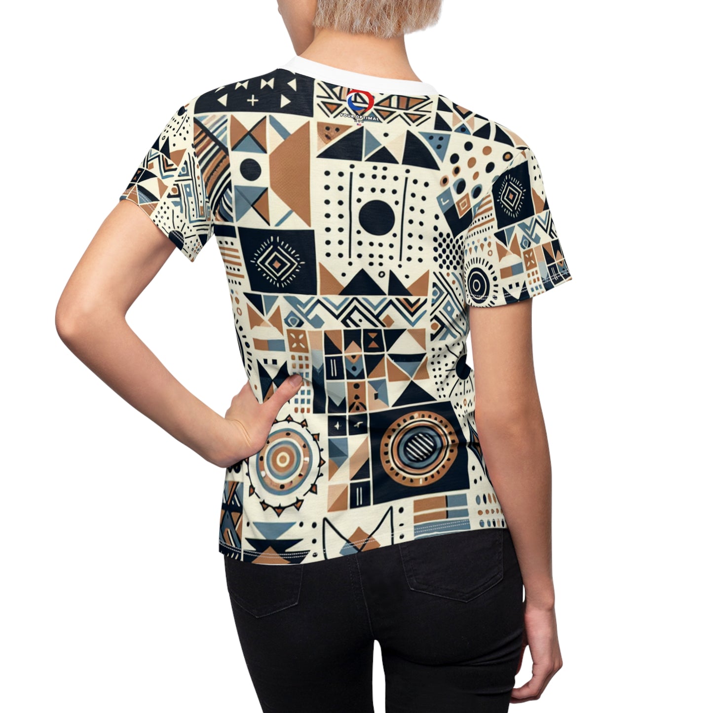 Berber-Inspired Artistry Women's Tee: Earthy-Toned Geometric Storytelling Patterns, Contemporary Cultural Heritage - African Tribal Pattern-Inspired