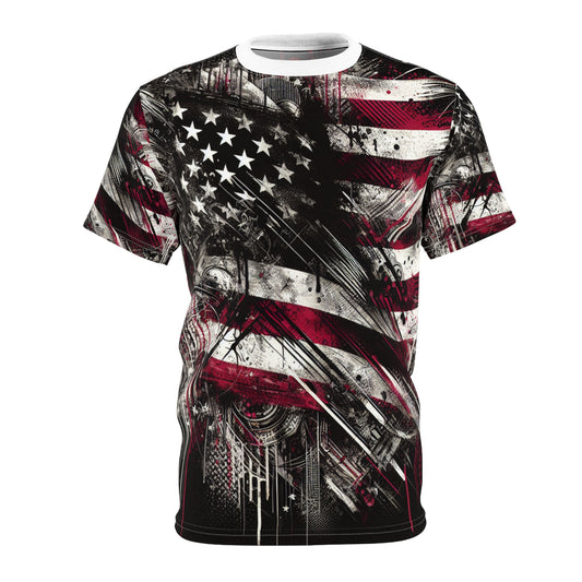 Grunge Patriotic Power: Weathered American Flag Streetwear T-shirt with Edgy Urban Graffiti Elements - Patriotic Streetwear Tee