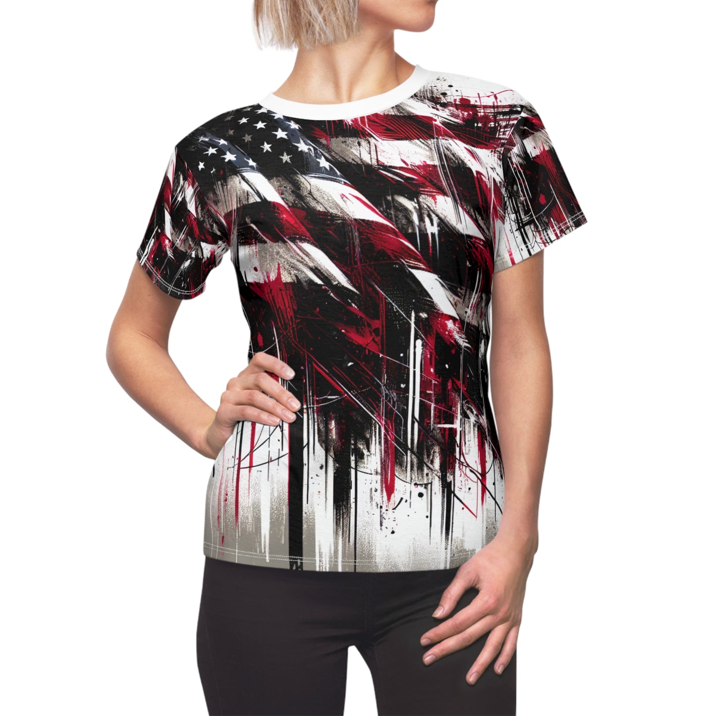 Distressed American Glory: Edgy Graffiti-Styled USA Flag Women's Tee for Bold Streetwear Fashionistas - Patriotic Streetwear