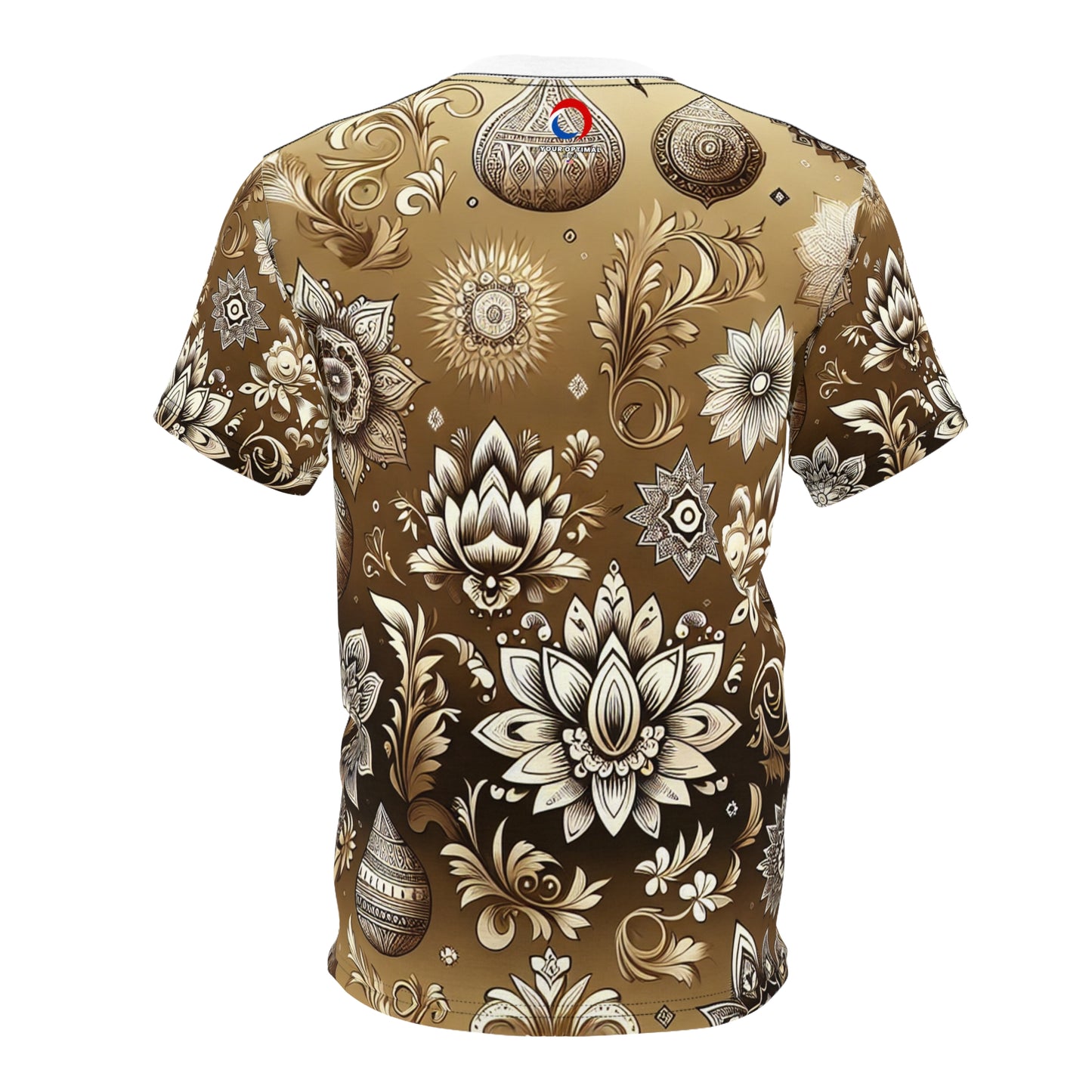 Traditional Indian Motifs Seamless Pattern T-shirt: Intricate Floral-Geometric White Designs on Shiny Gold - Modern & Rich Cultural Heritage Inspired Tee