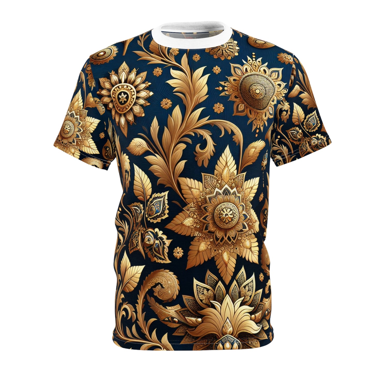 Golden Heritage - Traditional Indian Motif Patterned T-shirt: Seamless Intricate Design, Floral & Geometric Shapes, Rich Gold on Cool Blue