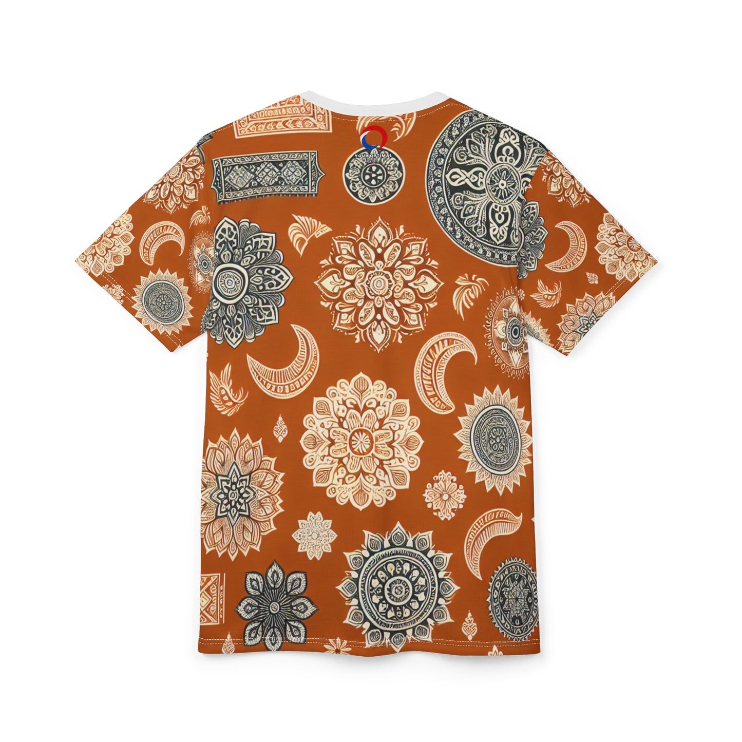 Orange Indian Motif T-Shirt – White Floral & Geometric Pattern, Minimal Ethnic Wallpaper Tee, Traditional India Design Apparel