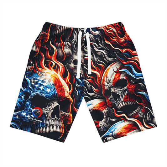 Iconic Inferno Skulls: Patriotic Blaze Tattoo-Style Shorts - Patriotic Streetwear Shorts