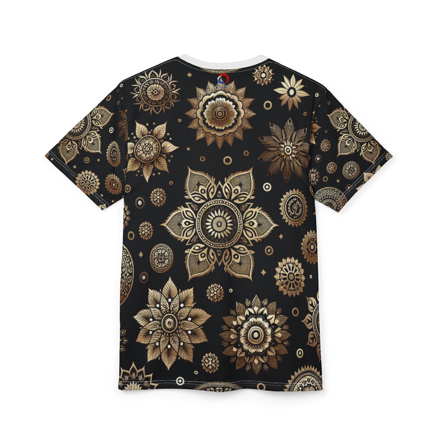 Luxurious Golden Indian Motif Tee - Scattered Traditional Designs on Black - Rich Heritage Elements - Floral & Geometric Styles