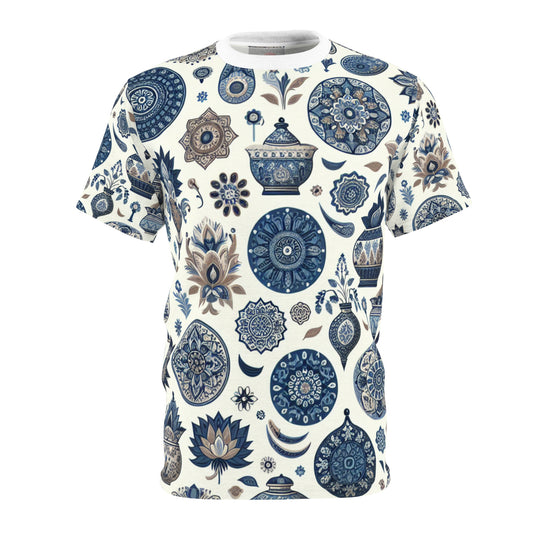 Classic Indian Motif Collection: Blue & White Seamless Patterned T-Shirt, Intricate Traditional Designs - A Blend of Floral & Geometric Shapes