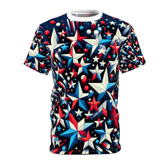 3D Star-Spangled Spectacle Tee – Vibrant Red, White, & Blue Stars on Navy Background – Patriotic & Festive Apparel - American Streetwear