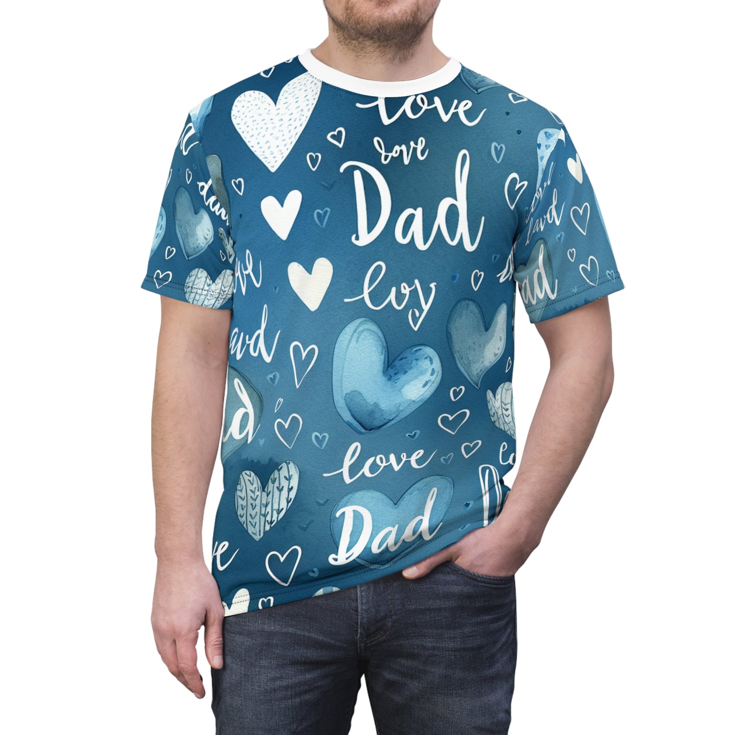 Child-like Love Dad Heart T-Shirt - Watercolor Blue on White, Handwritten Script - Casual Father's Day Tee - Gift for Him