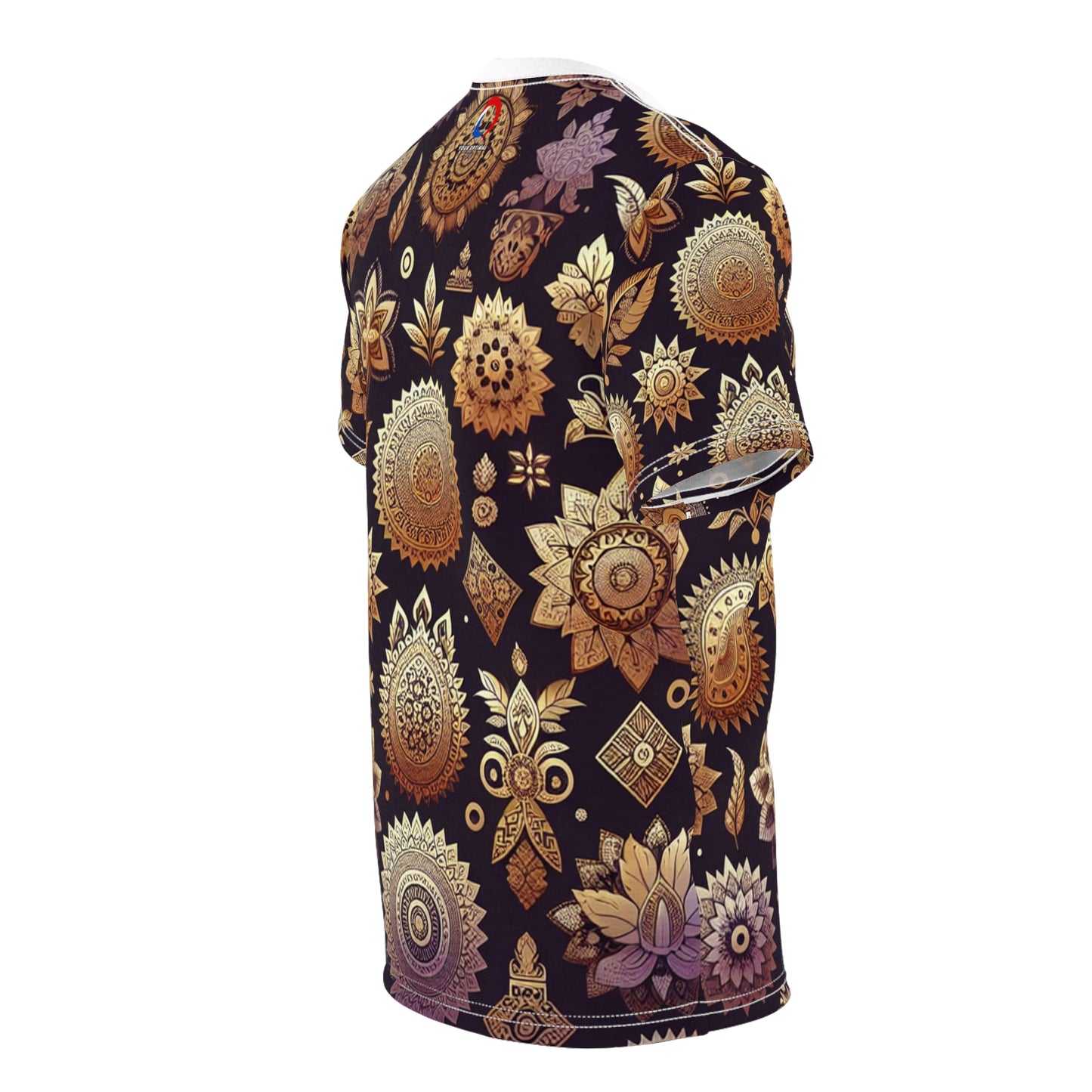 Golden Mirage: Traditional Indian Motif T-shirt in Intricately Designed Floral & Geometric Shapes on Vibrant Purple, Embodying Rich Indian Heritage