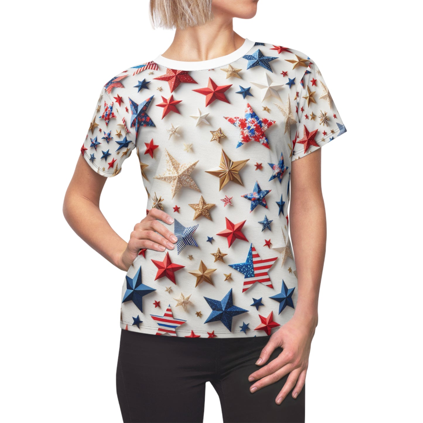 Festive Patriotic Star Pattern Women's T-Shirt - Red, Blue & Gold Celebration Top for Independence Day - Patriotic Streetwear Tee