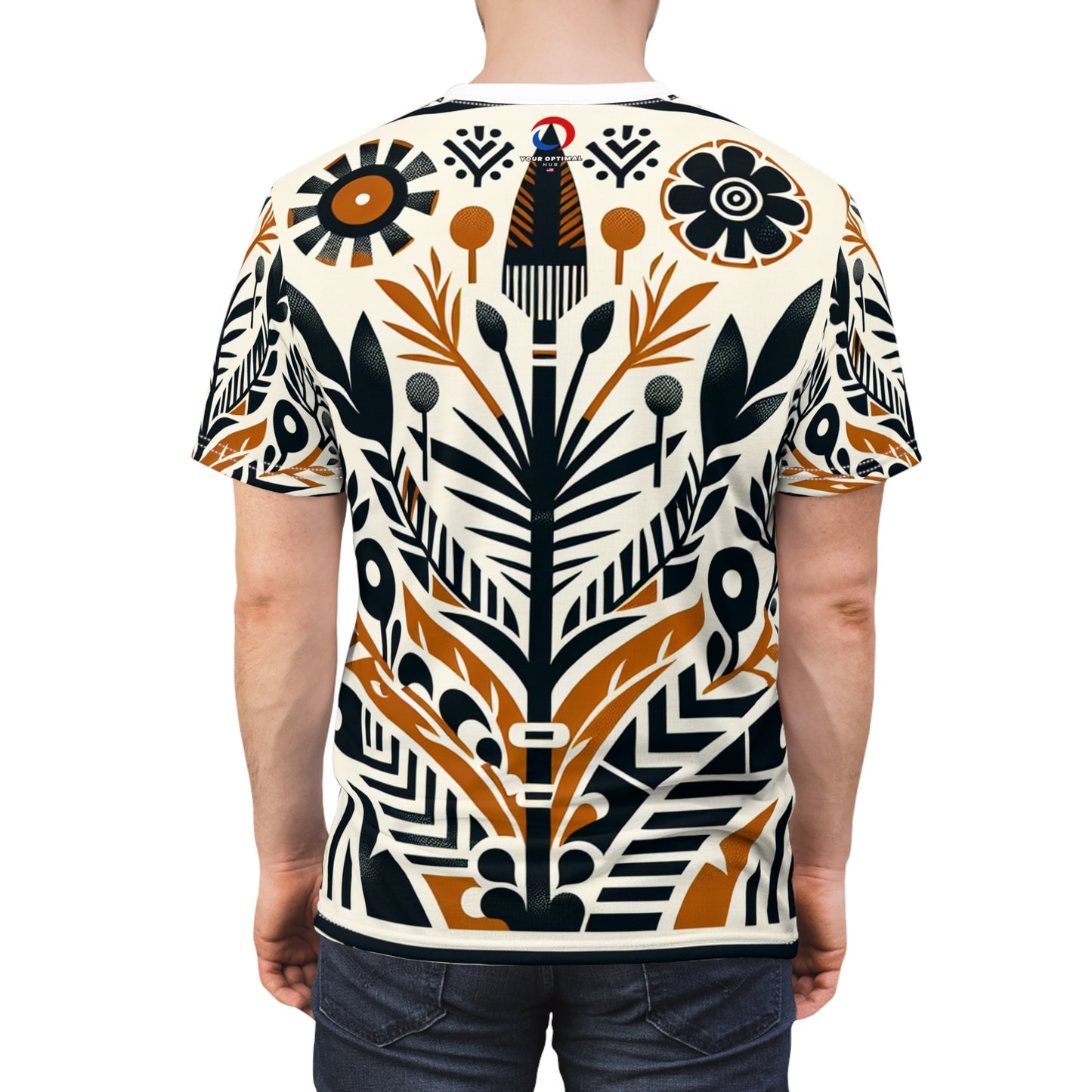 African Fusion Graphic T-shirt: Monochrome & Orange, Modern Nature-Warfare Design - African Tribal Pattern-Inspired Tee