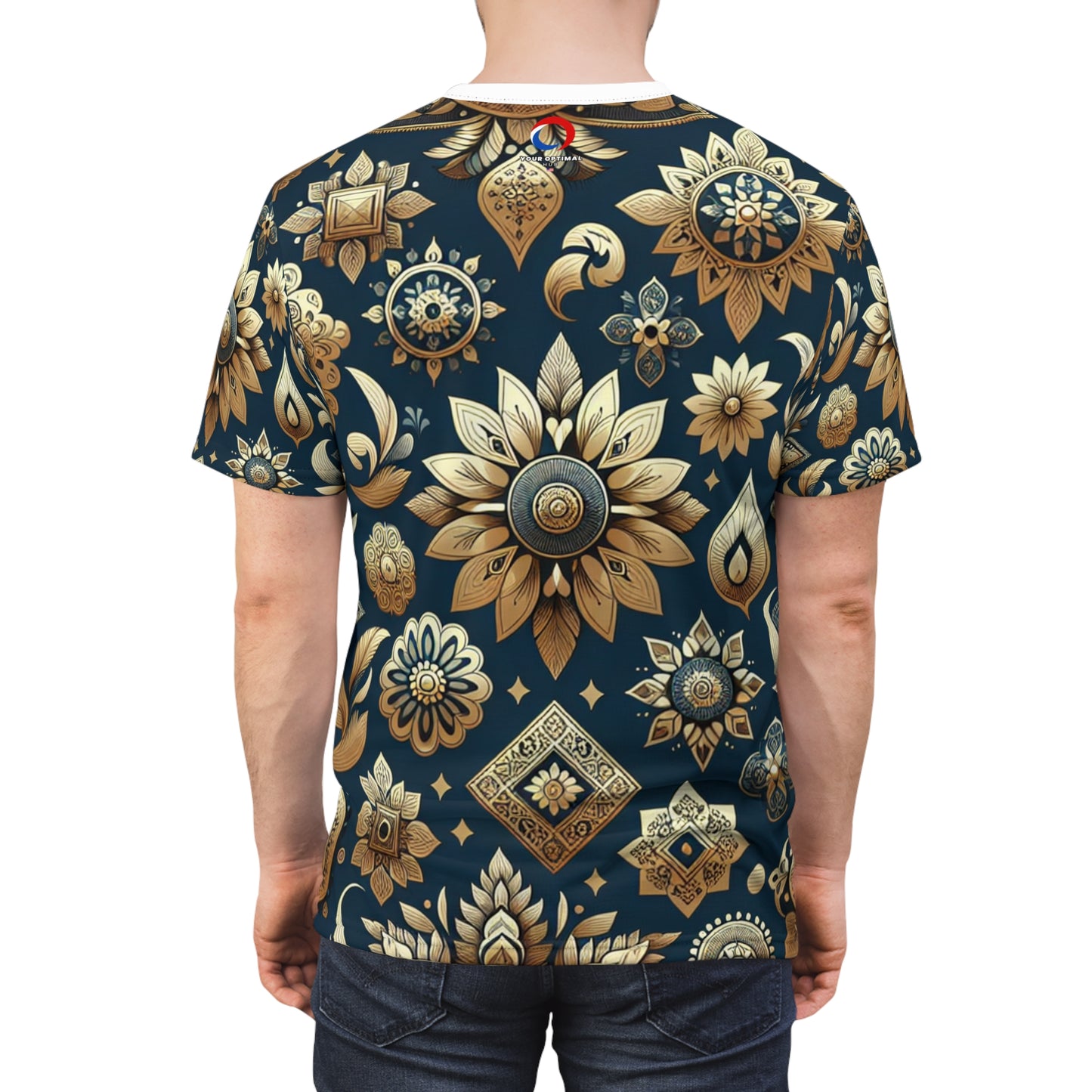 Indian Heritage Gold Motif Seamless Pattern T-Shirt - Shiny Gold Traditional Motifs on Rich Blue Background - Intricate Floral and Geometric Design Tee