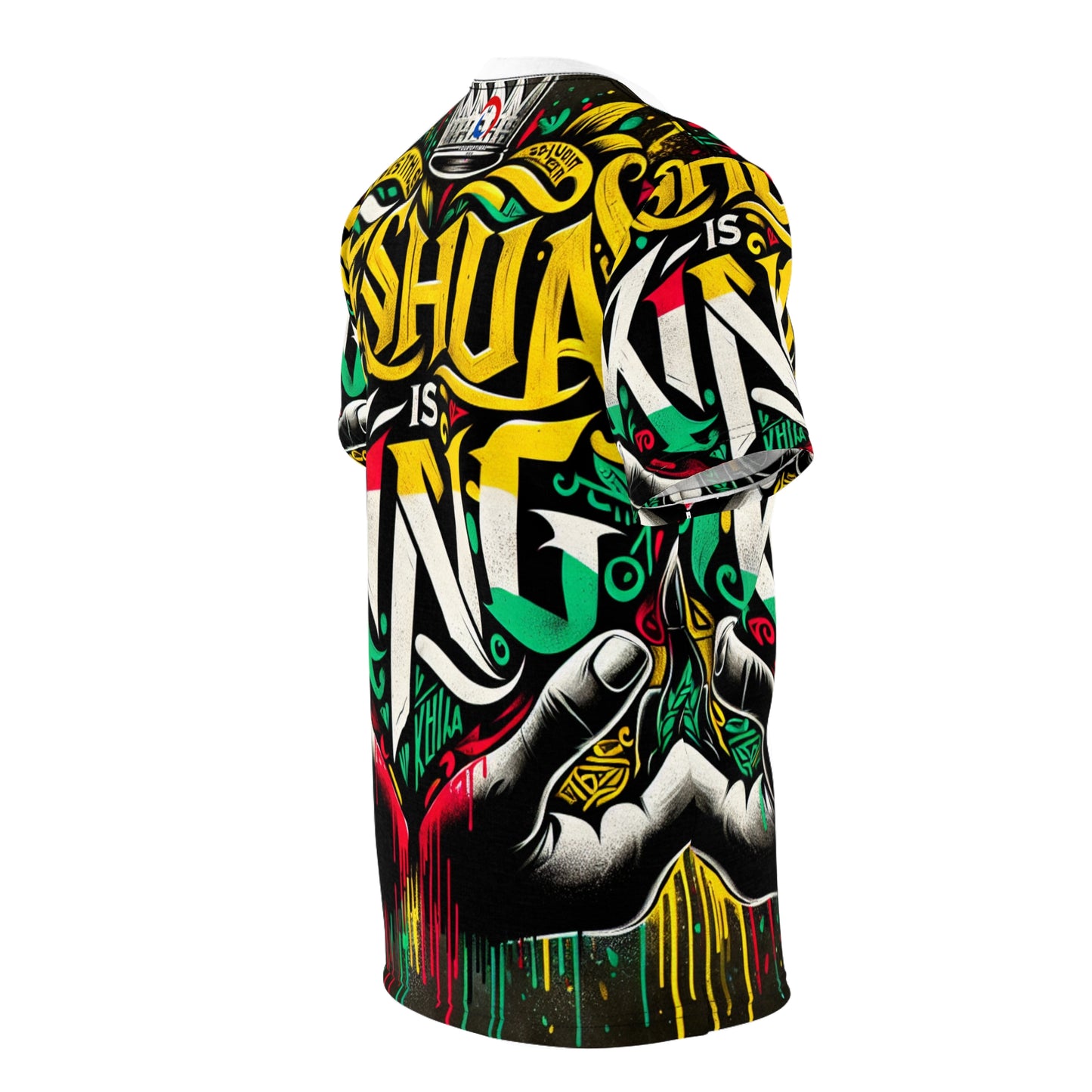 Yeshua is King Graffiti-Style Heart T-Shirt - Rasta Palette Bold Distressed Text, Expressive Faith-Inspired Art - Rastafarian Art-Inspired Tee