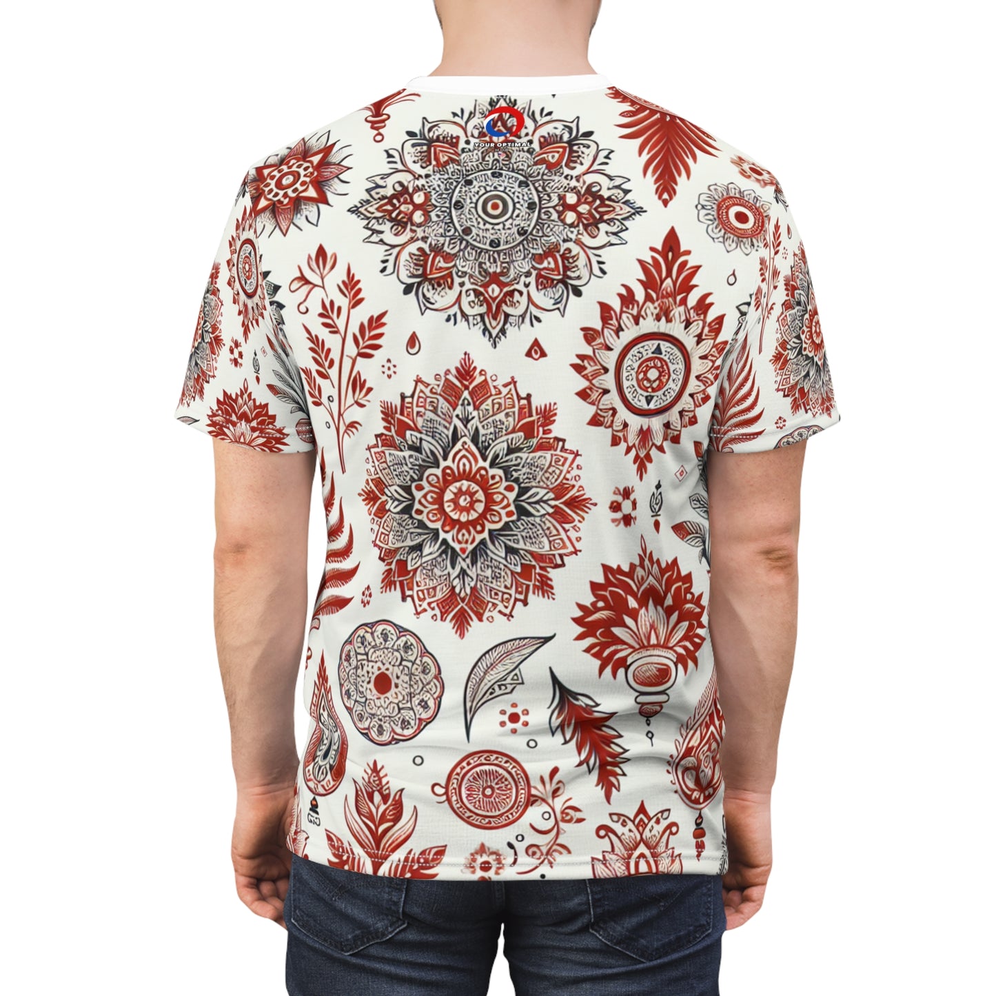 Traditional Indian Motif T-Shirt - Scattered Floral and Geometric Shapes in Primary Red on White - Rich Design Heritage Motifs Tee