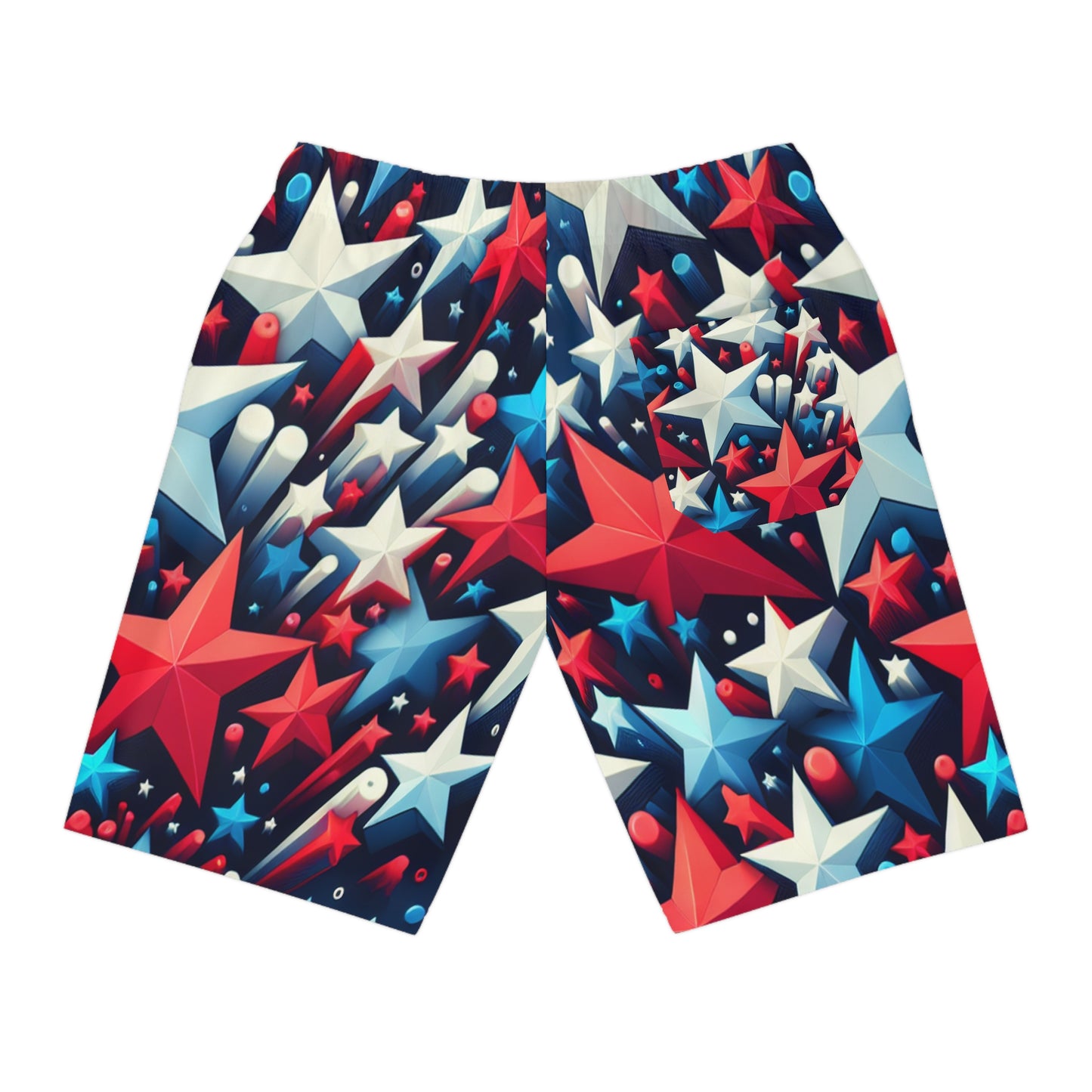 3D Patriotic Star Blast Shorts - Vibrant Red, White & Blue Star Scattering on Deep Blue Background - Patriotic Streetwear Shorts