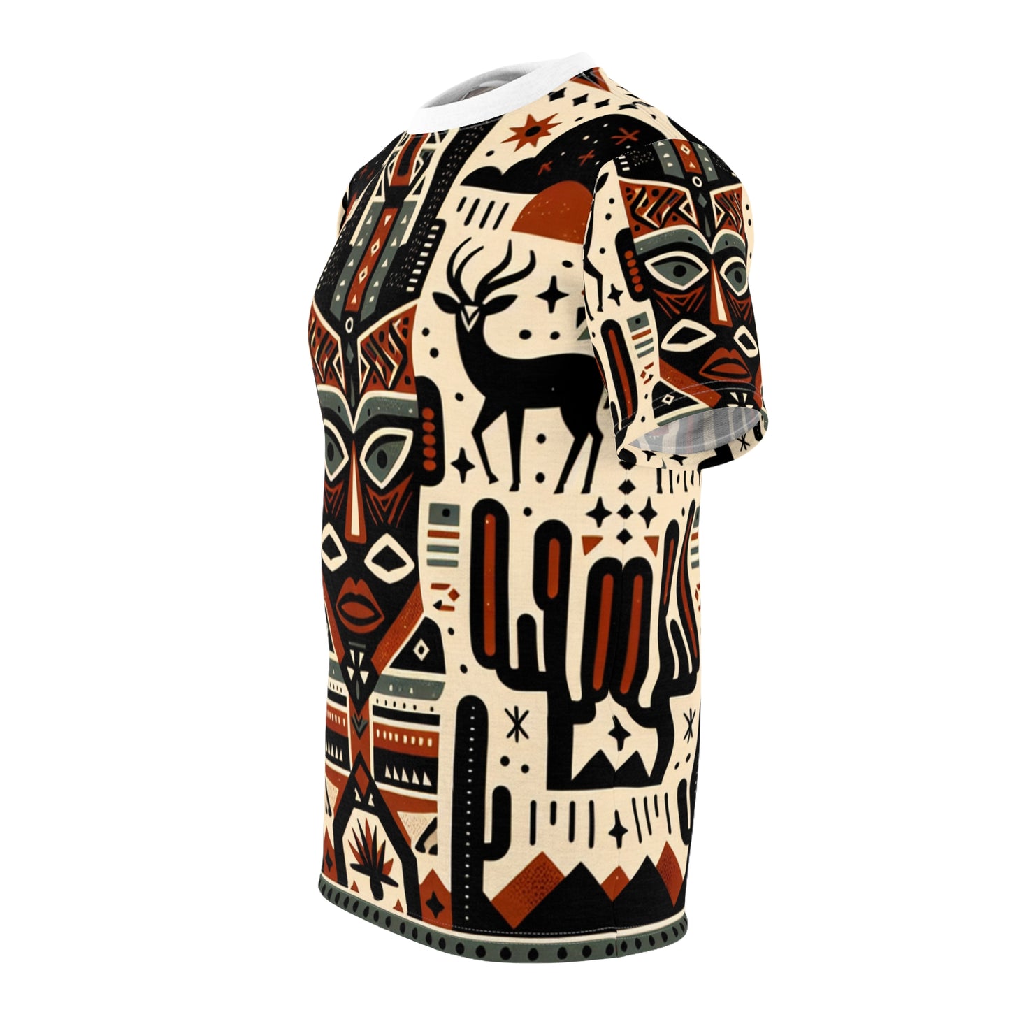 African-Southwestern Fusion T-Shirt: Tribal Totem with Geometric Wildlife in Warm Earthy Tones - African Tribal Pattern-Inspired