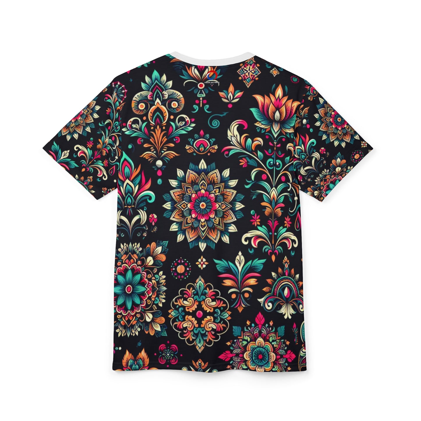 UV-Reactive Bioluminescent Bohemian T-Shirt featuring Scattered Neon Indian Motifs on Black Background