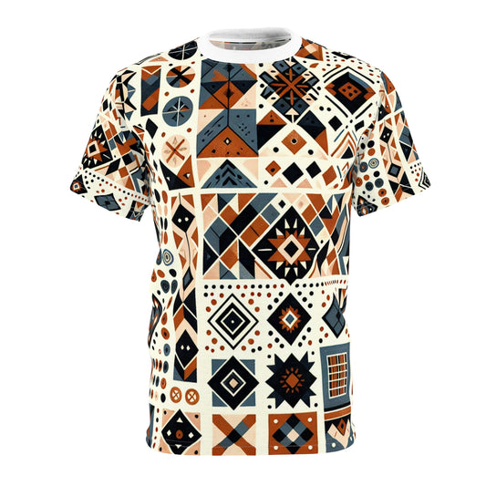 Berber-Inspired Artistry T-shirt: Earthy-Tone Geometric Tattoo Patterns Storytelling Print - African Tribal Pattern-Inspired Tee