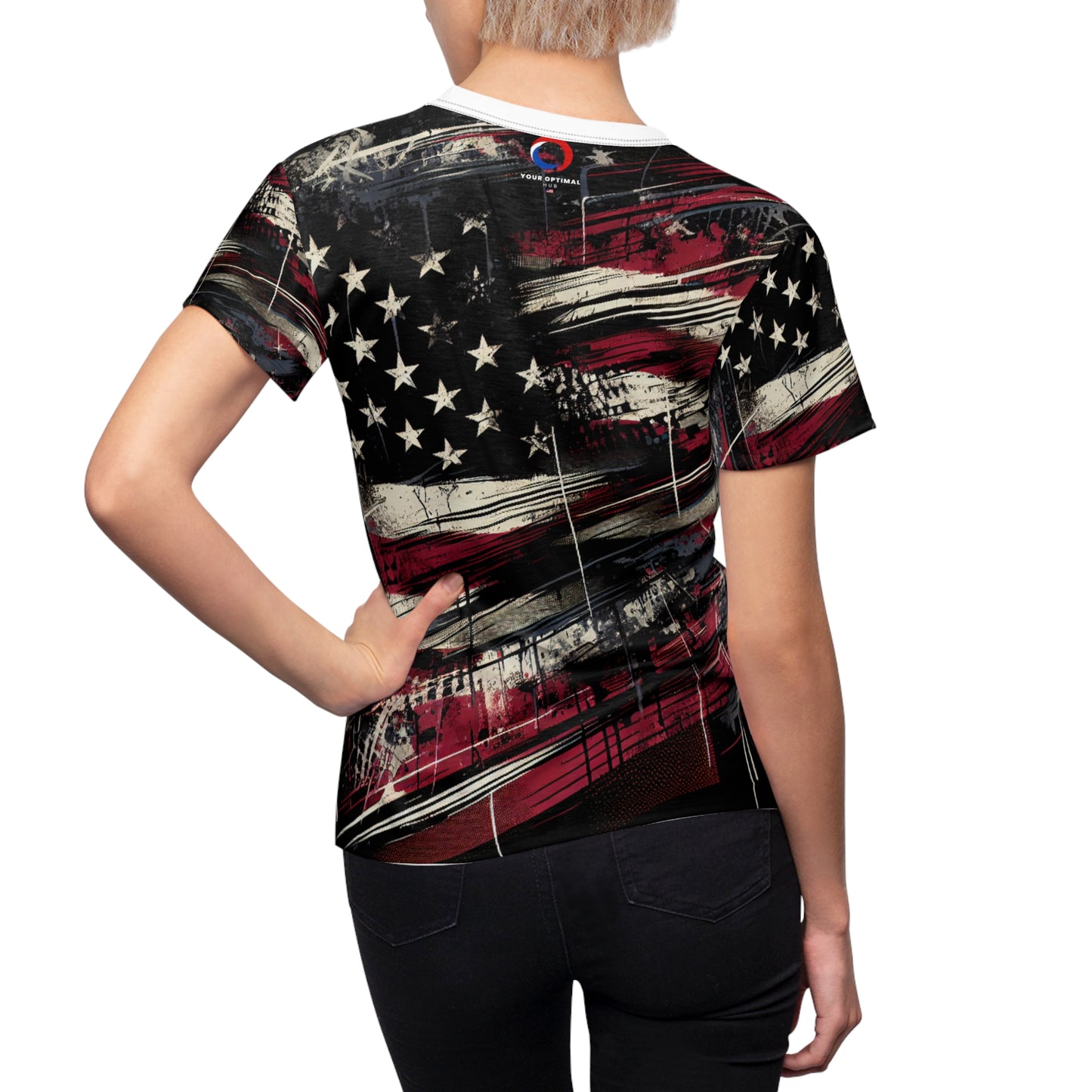 Gritty Patriot: Women's Grunge Streetwear T-Shirt, Distressed American Flag Design, Urban Graffiti Style - Patriotic Streetwear Tee