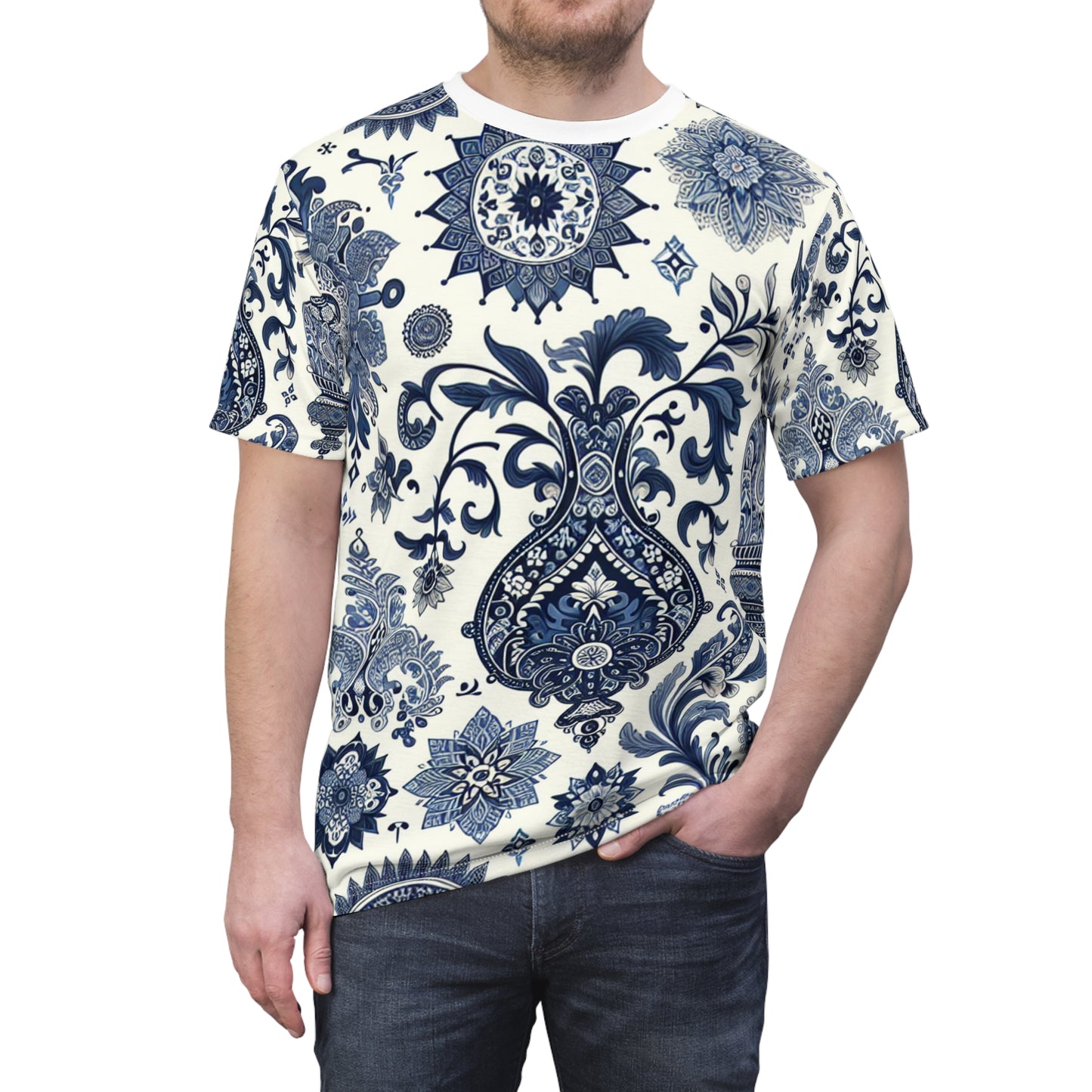 Classic Indian Motif Seamless Pattern T-shirt - Intricately Designed Floral Geometry in Blue & White Aesthetic - Rich Heritage of Indian Motifs Tee