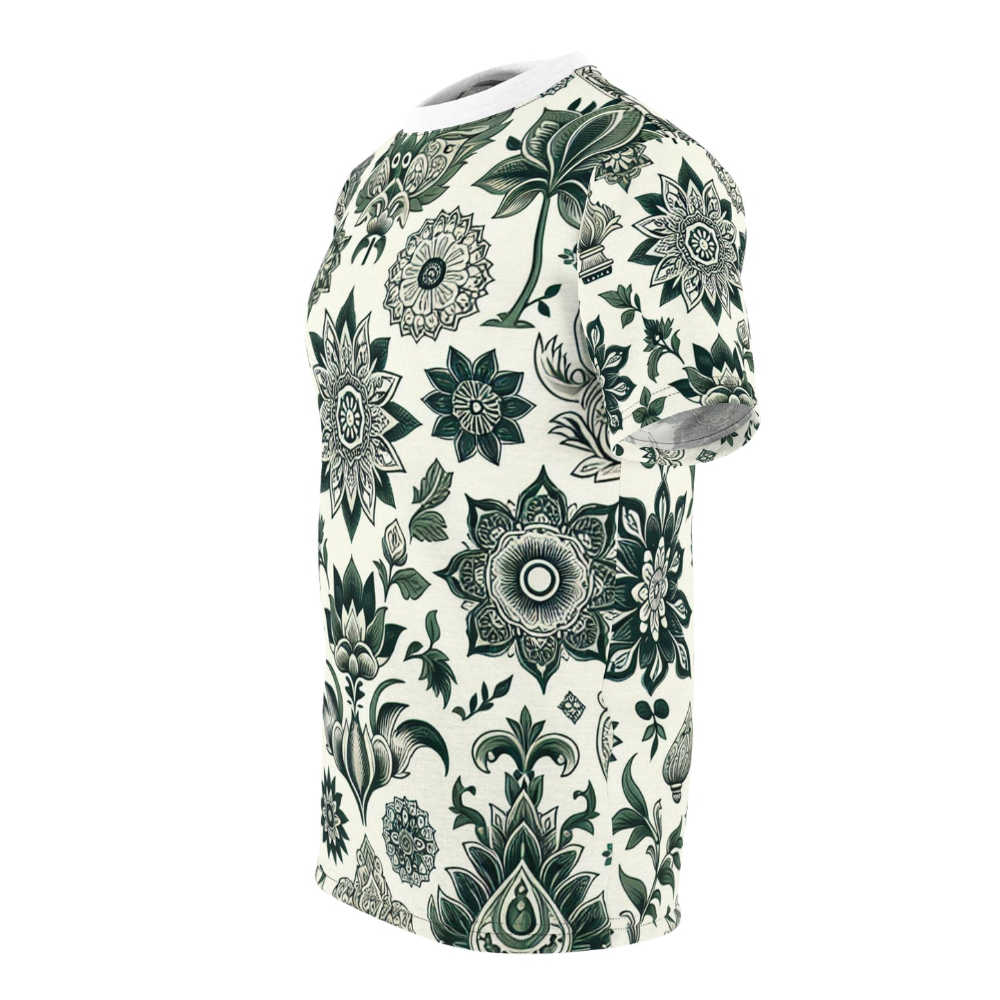 Traditionally Inspired Indian Motif Seamless Patterned T-shirt in White & Green - Intricately Designed Geometric & Floral Arrangement Tee