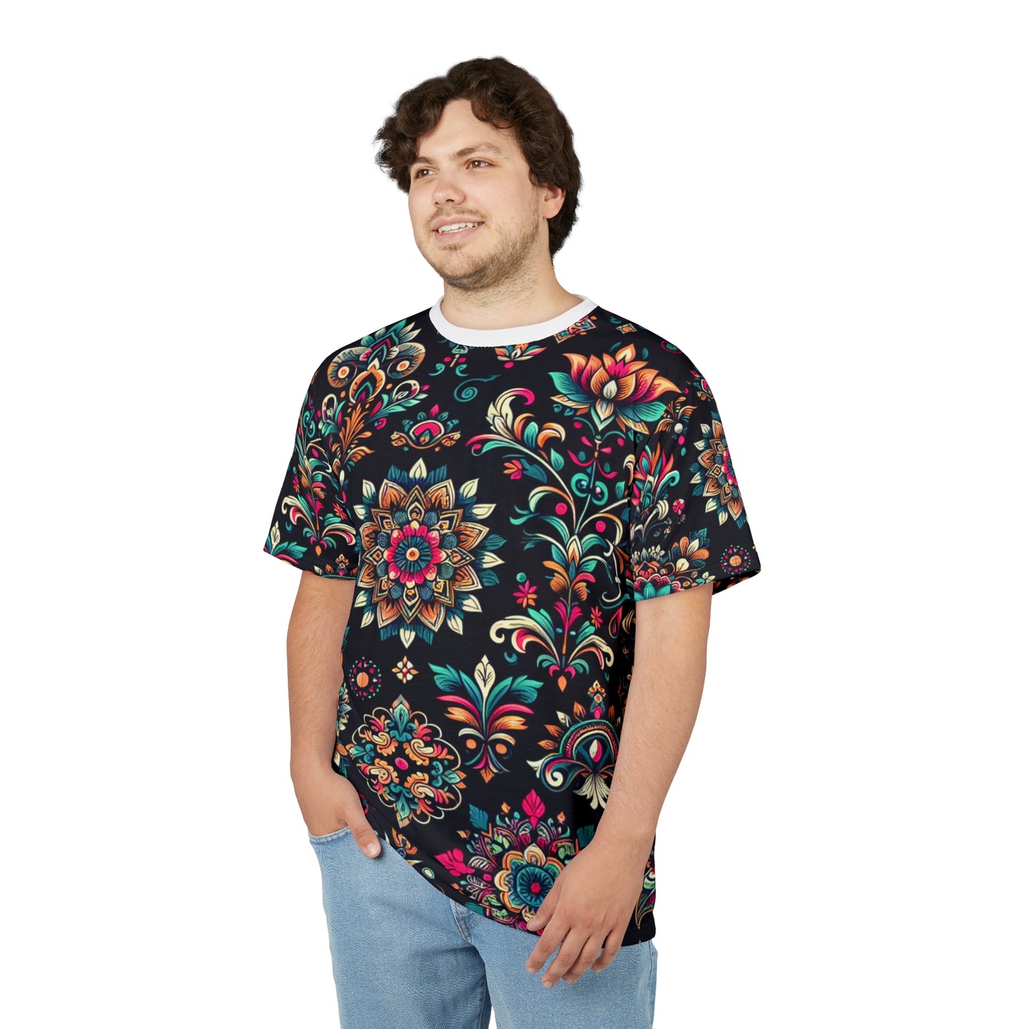 UV-Reactive Bioluminescent Bohemian T-Shirt featuring Scattered Neon Indian Motifs on Black Background