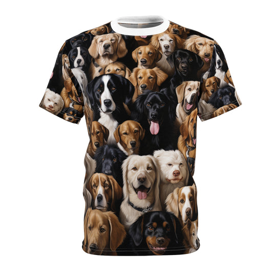 Canine Kaleidoscope: Ultra-Photorealistic Multi-Breed Dog Patterned T-Shirt - Dog Breed Fashion Tee