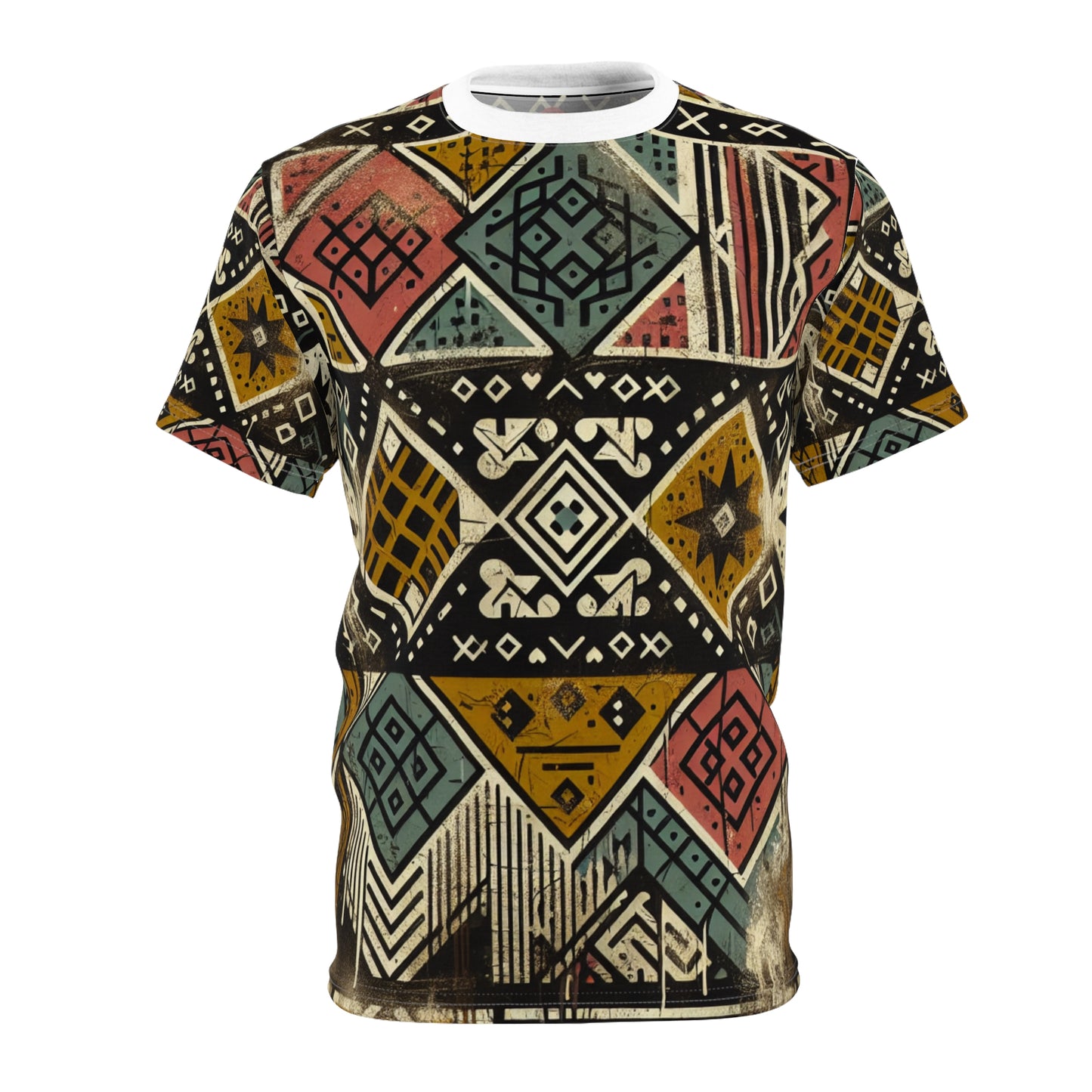 Urban Graffiti Meets African Artistry: Geometric Distressed Black Diamond Grid T-shirt - African Tribal Pattern-Inspired Tee