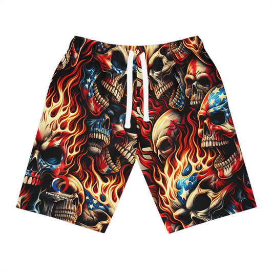 Flaming Skull Tattoo Fusion: Patriotic Fervor Men's Shorts - Patriotic Streetwear Shorts