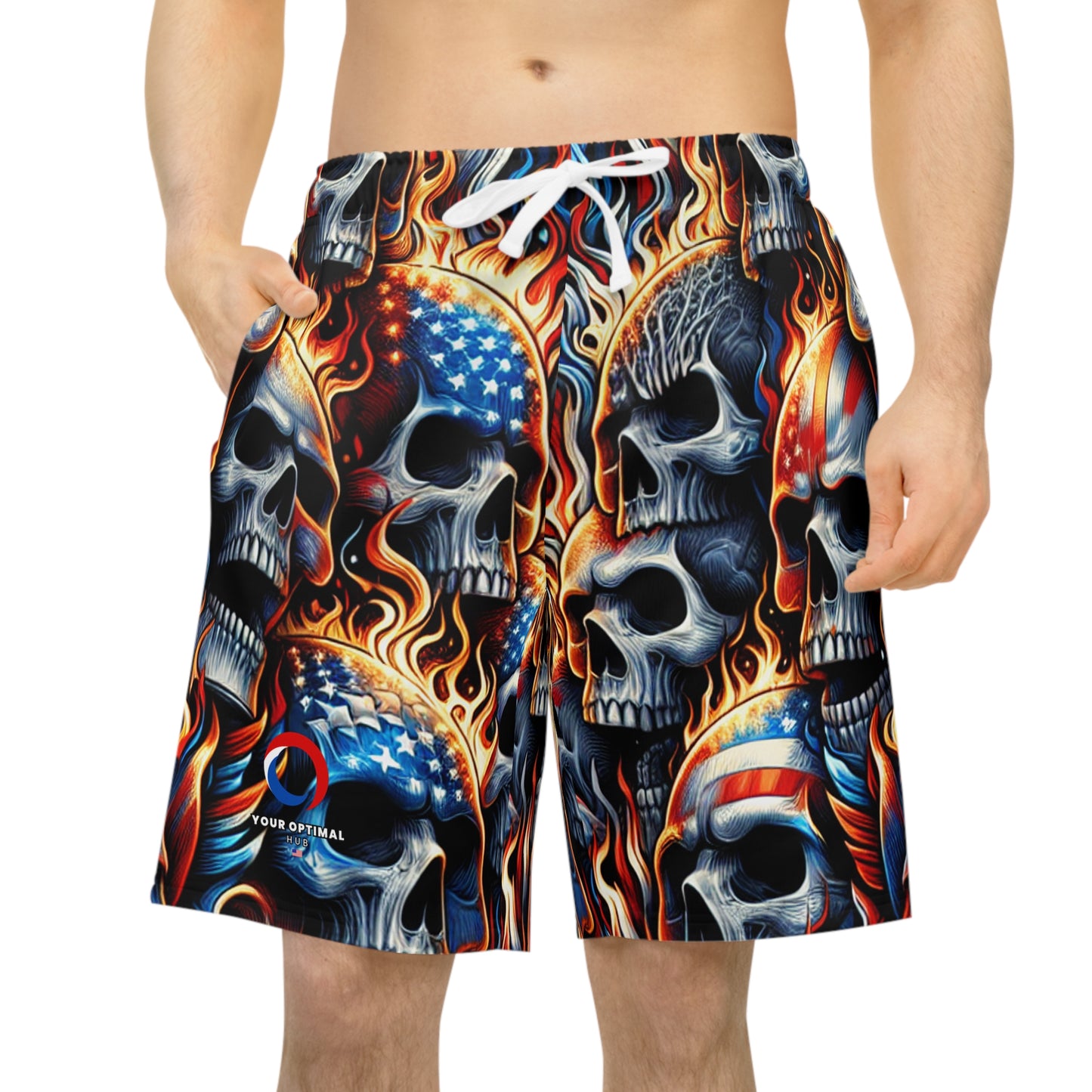 Fiery Skull Spectacle: Patriotic Inferno Edition Shorts - Patriotic Streetwear