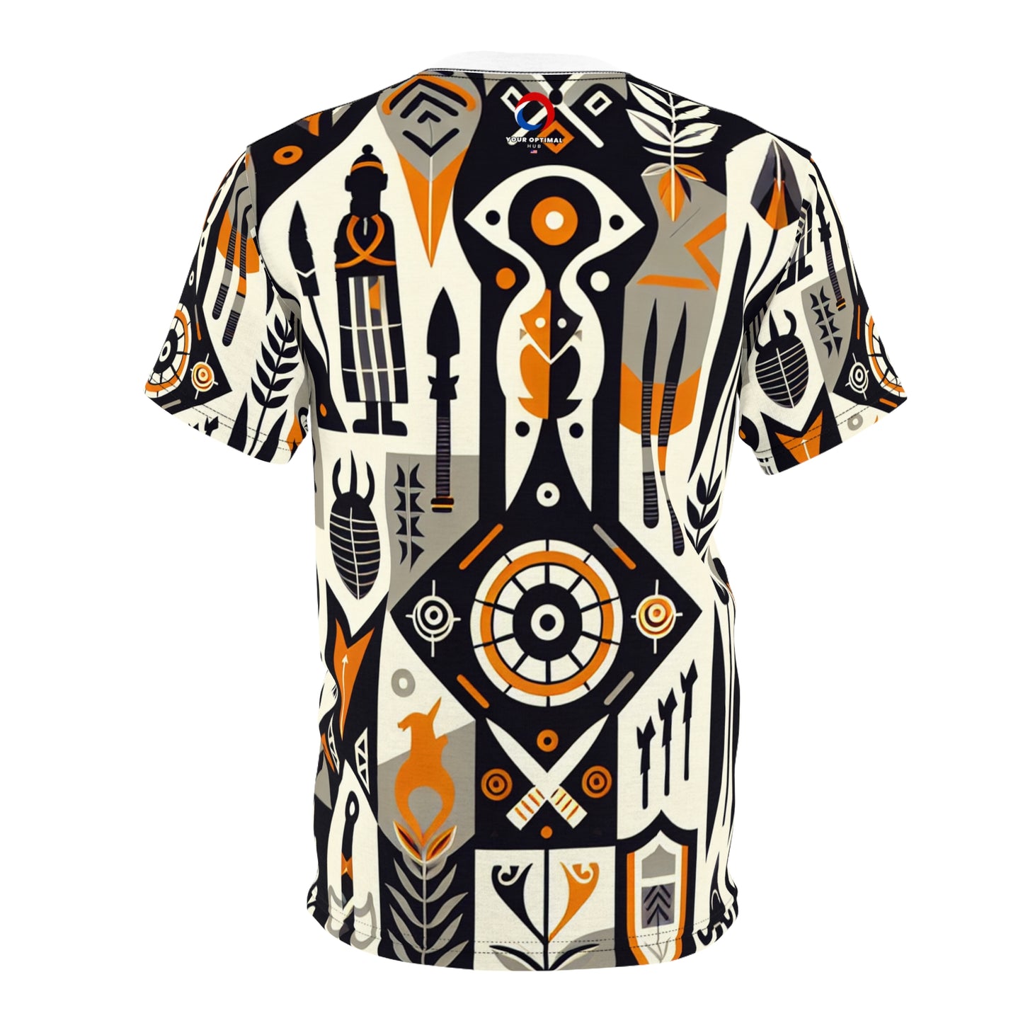 African Fusion Graphic Tee: Monochrome, Orange Highlights, Spearhead & Shield Design - African Tribal Pattern-Inspired