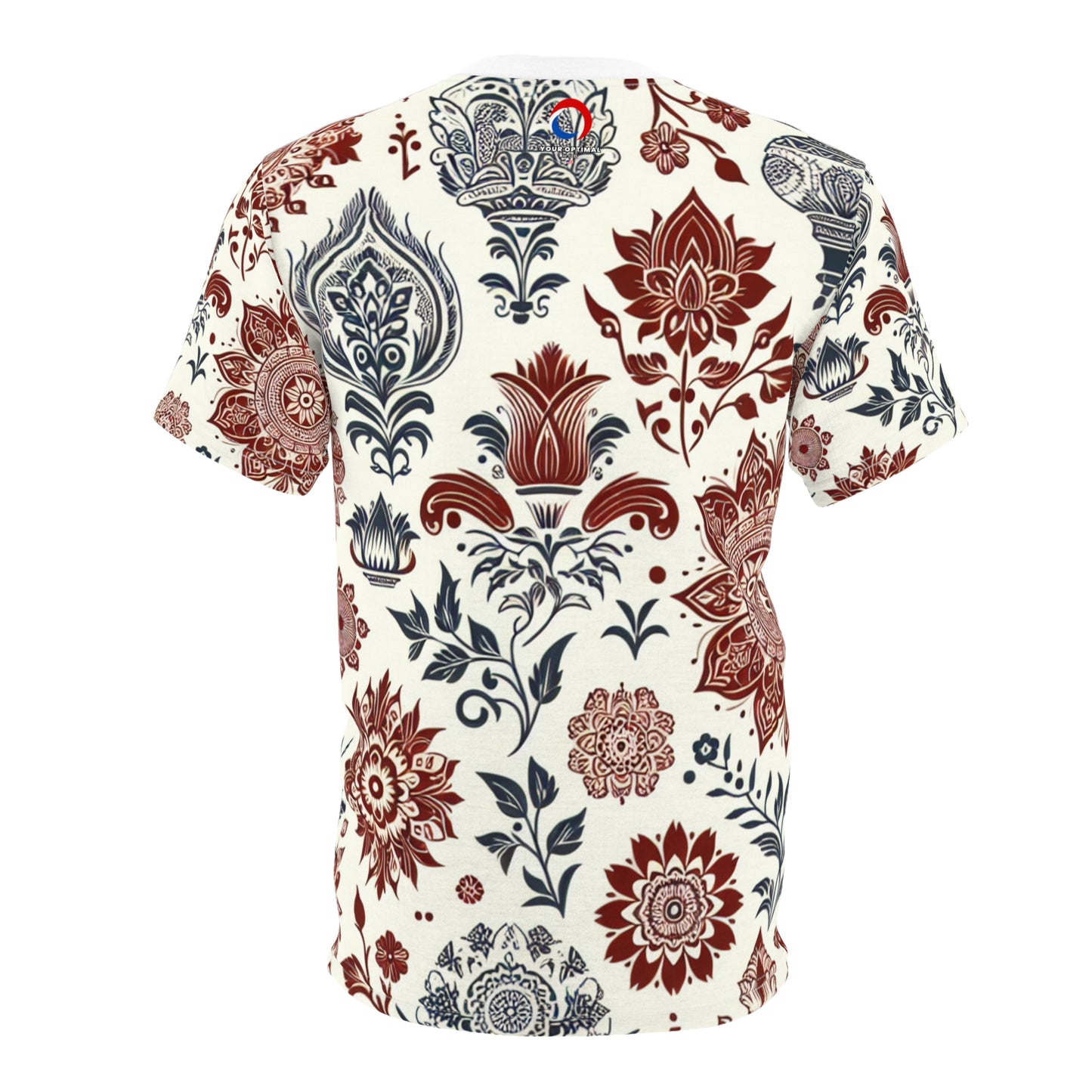 Classic Indian Heritage Seamless Pattern T-Shirt - Intricate Floral and Geometric Motifs in Red and White - Traditional Indian Motifs Tee