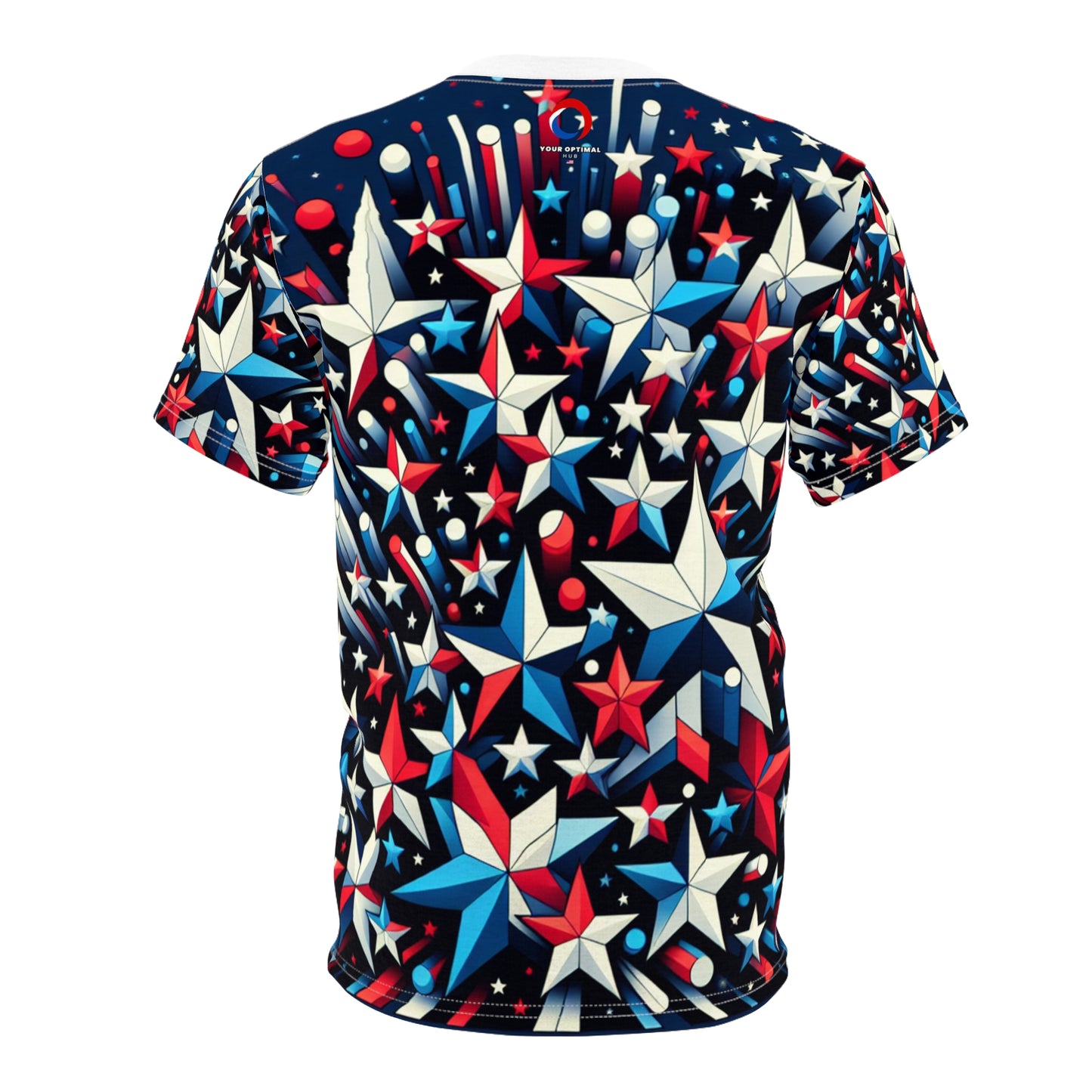 3D Star-Spangled Spectacle Tee – Vibrant Red, White, & Blue Stars on Navy Background – Patriotic & Festive Apparel - American Streetwear