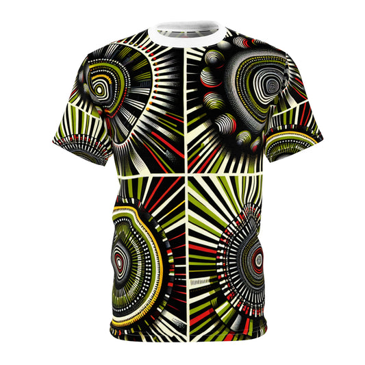 African Rhythm Dance T-Shirt: Vibrant Drum-Centric Celebration in Green & Red - African Tribal Pattern-Inspired Tee