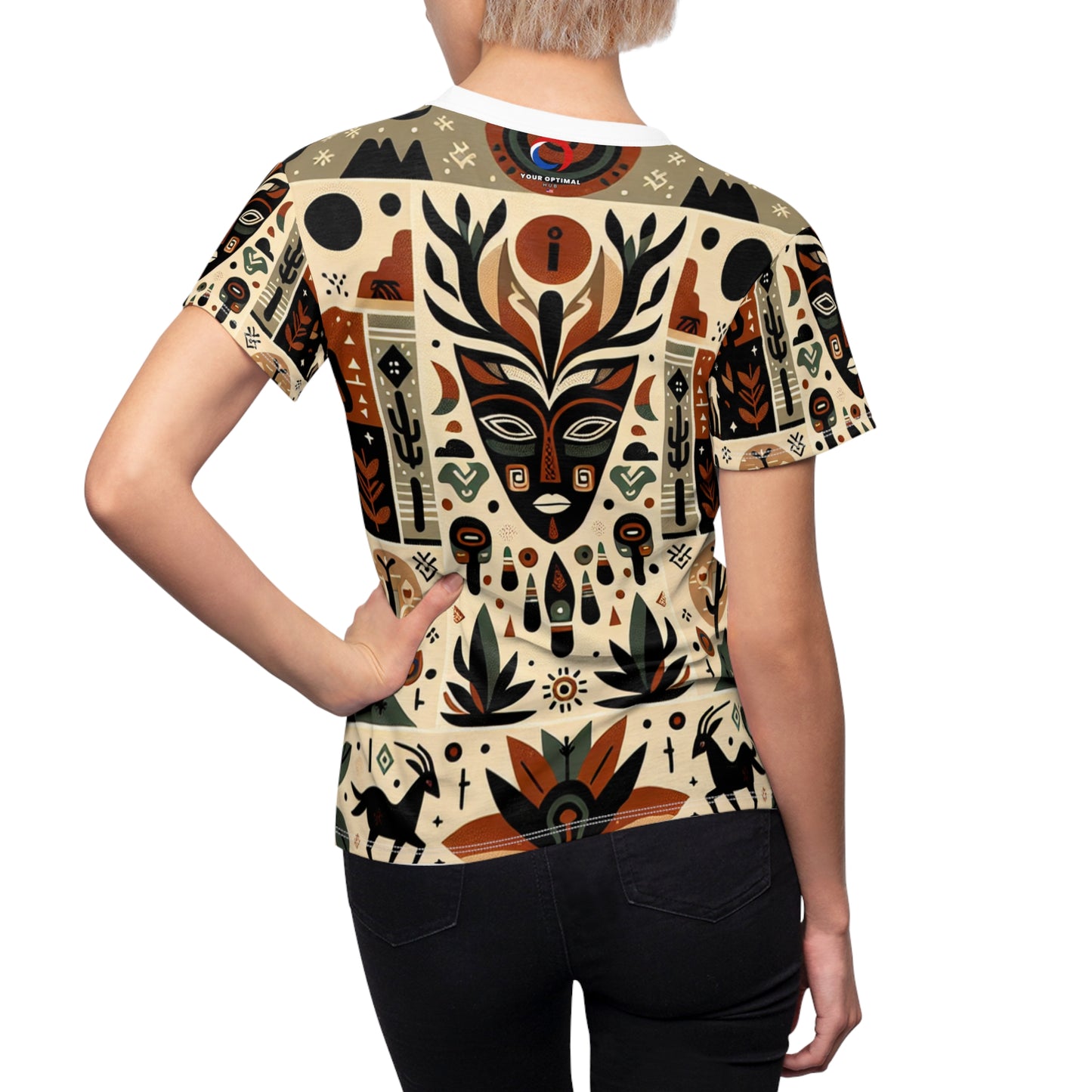 African & Southwestern Fusion Women's T-Shirt: Mythic Totem Design, Geometric Fauna & Flora Motifs - African Tribal Pattern-Inspired