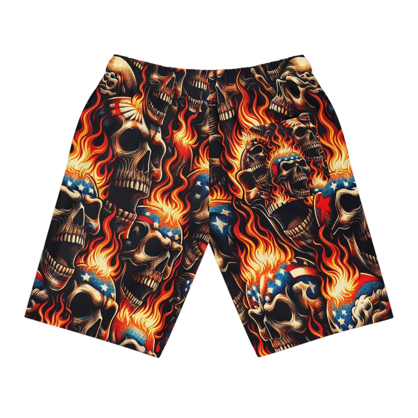 Blazing Patriotism - Skulls Aflame Inked Graphic Shorts - Patriotic Streetwear Shorts