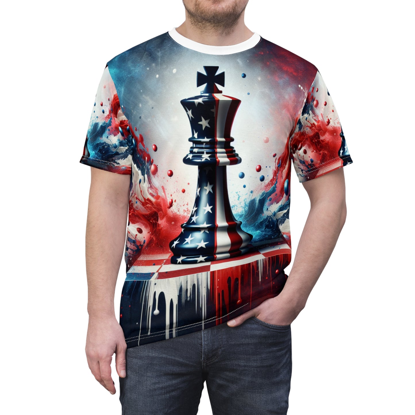 Vibrant American Chess King-Piece Masterpiece: Artistic Strategic Leadership & Patriotic Pride T-Shirt - Patriotic Streetwear Tee