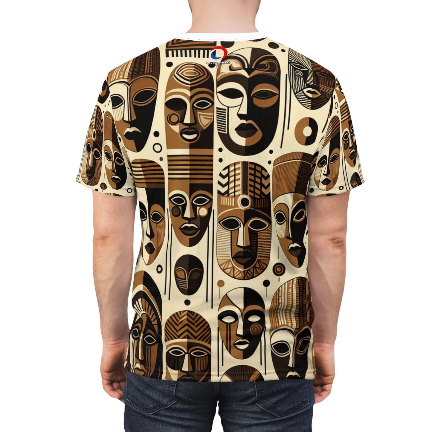 African Heritage Tapestry T-shirt: Monochrome Mask Design with Vivid Orange Details - African Tribal Pattern-Inspired Tee