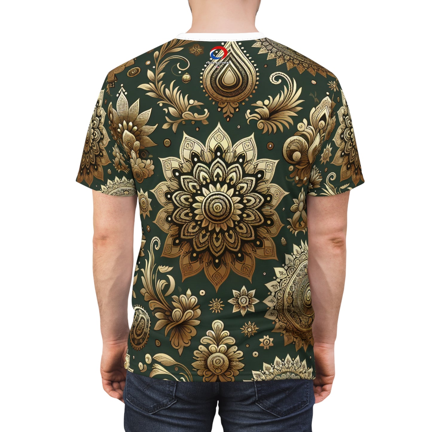 Traditional Indian Motifs Gold & Green Seamless Design T-Shirt - Geometric Floral Fashion with a Modern Minimalist Style - Indian Streetwear