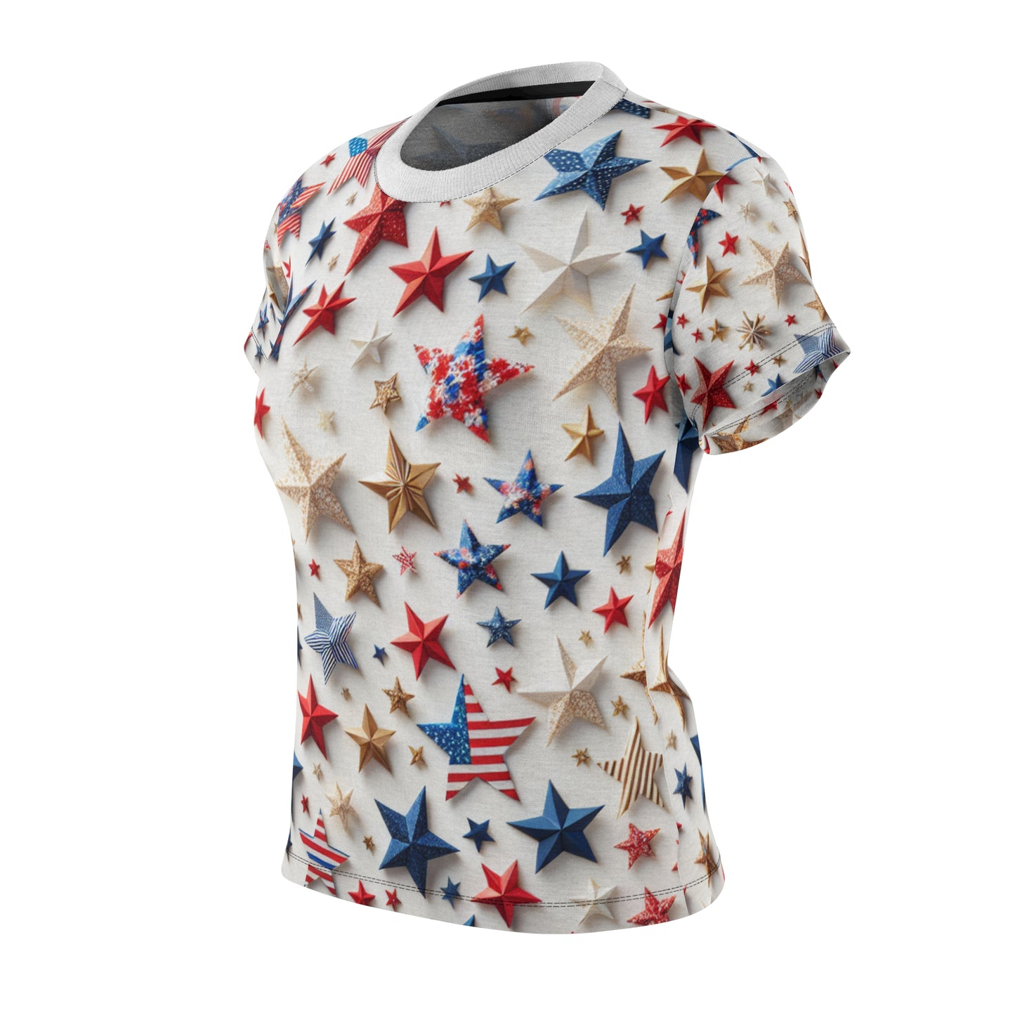 Festive Patriotic Star Pattern Women's T-Shirt - Red, Blue & Gold Celebration Top for Independence Day - Patriotic Streetwear Tee