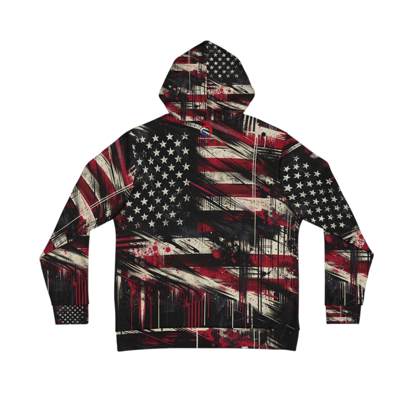 Grunge Glory USA Flag Hoodie - Edgy Streetwear Style, Patriotic Distressed Street Art Design, Urban Graffiti Splattered American Flag