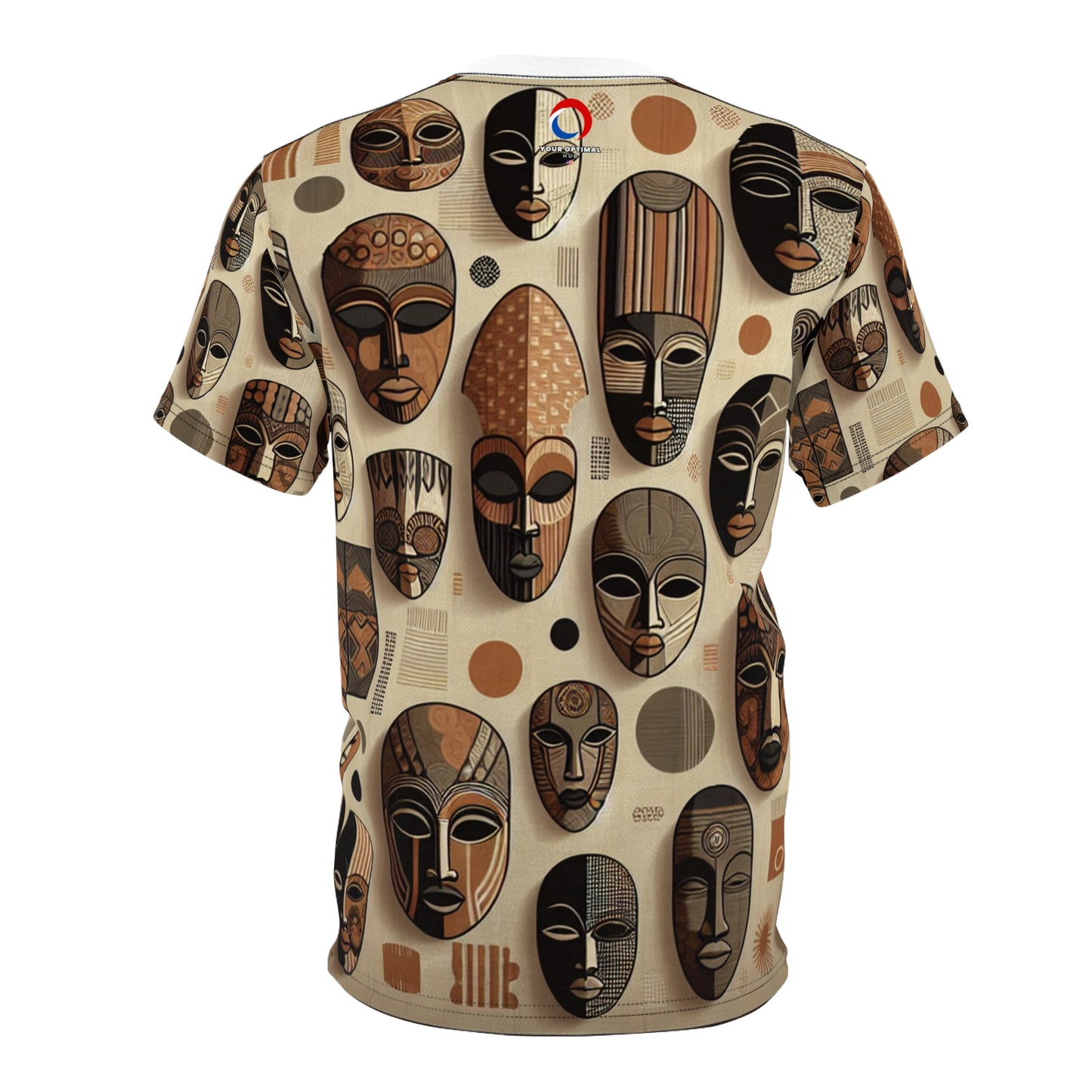 Modern African Heritage T-Shirt: Monochrome Masks in Rich Tapestry Design with Orange Accents - African Tribal Pattern-Inspired Tee