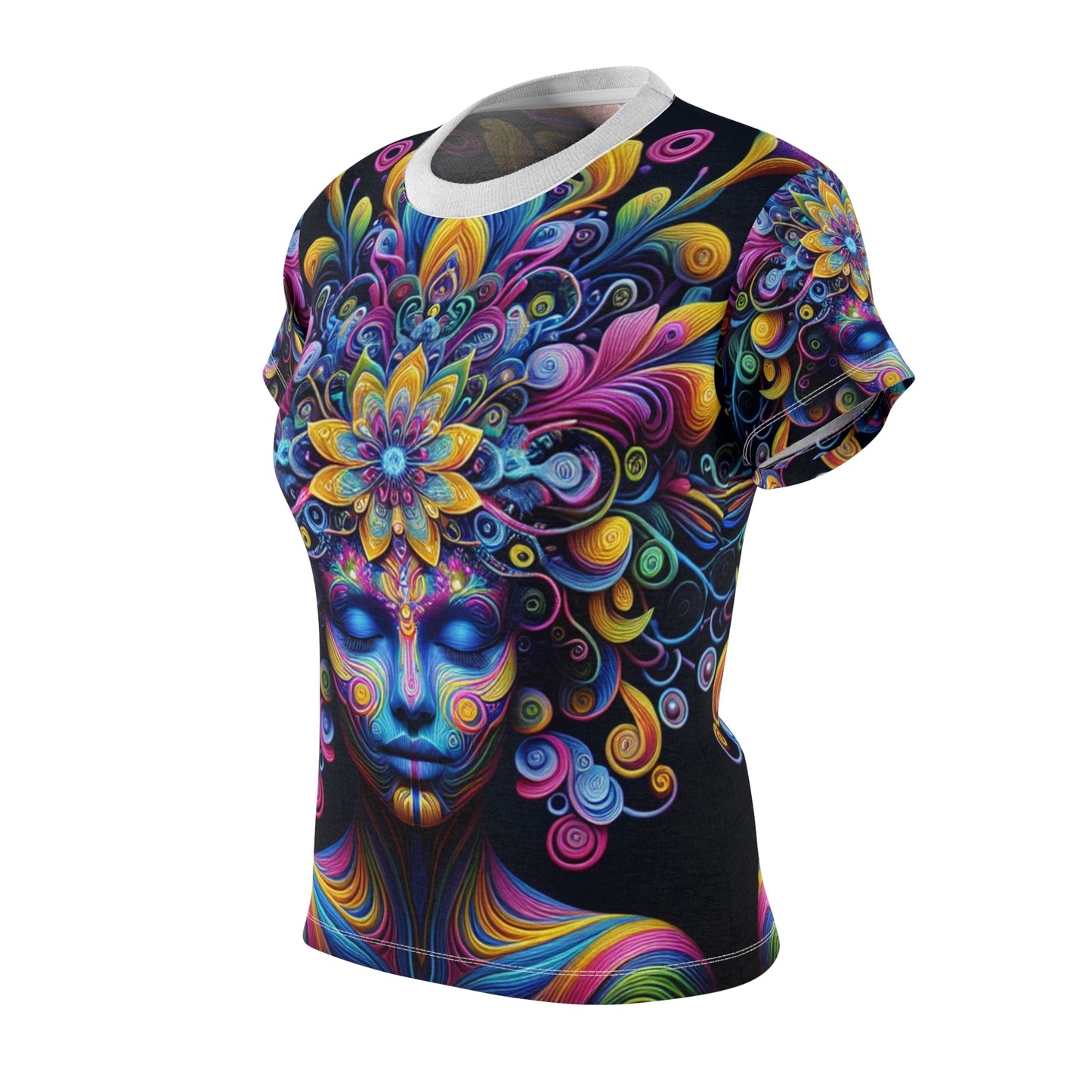 Women's Psychedelic Meditation T-shirt - Vibrant Human Portrait, Abstract Energy Crown, Neon Bloom - Women's Trippy Tee