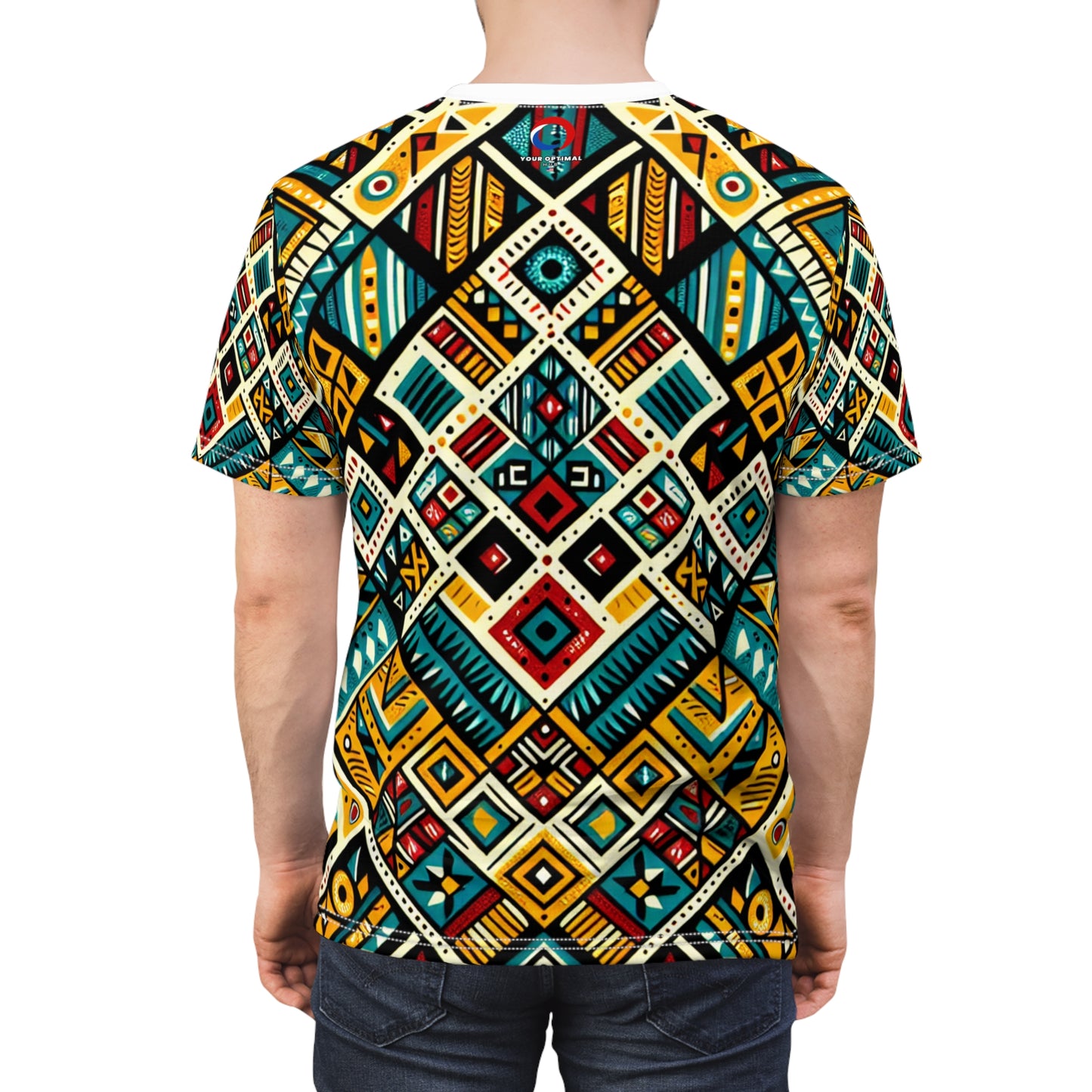 Vibrant African Tribal Diamond Grid T-shirt – Bold Primary Colors Storytelling Artwork - African Tribal Pattern-Inspired Tee