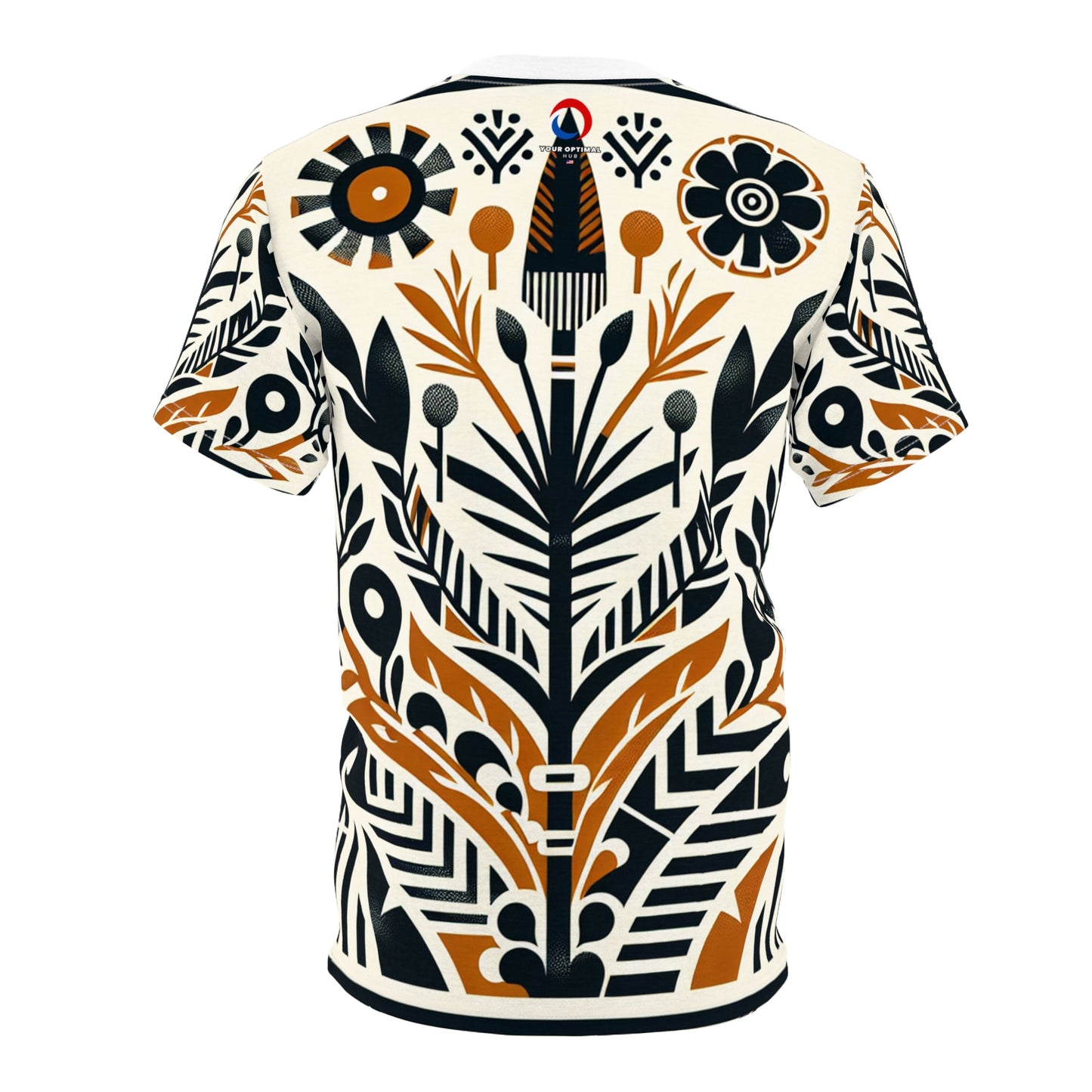 African Fusion Graphic T-shirt: Monochrome & Orange, Modern Nature-Warfare Design - African Tribal Pattern-Inspired Tee