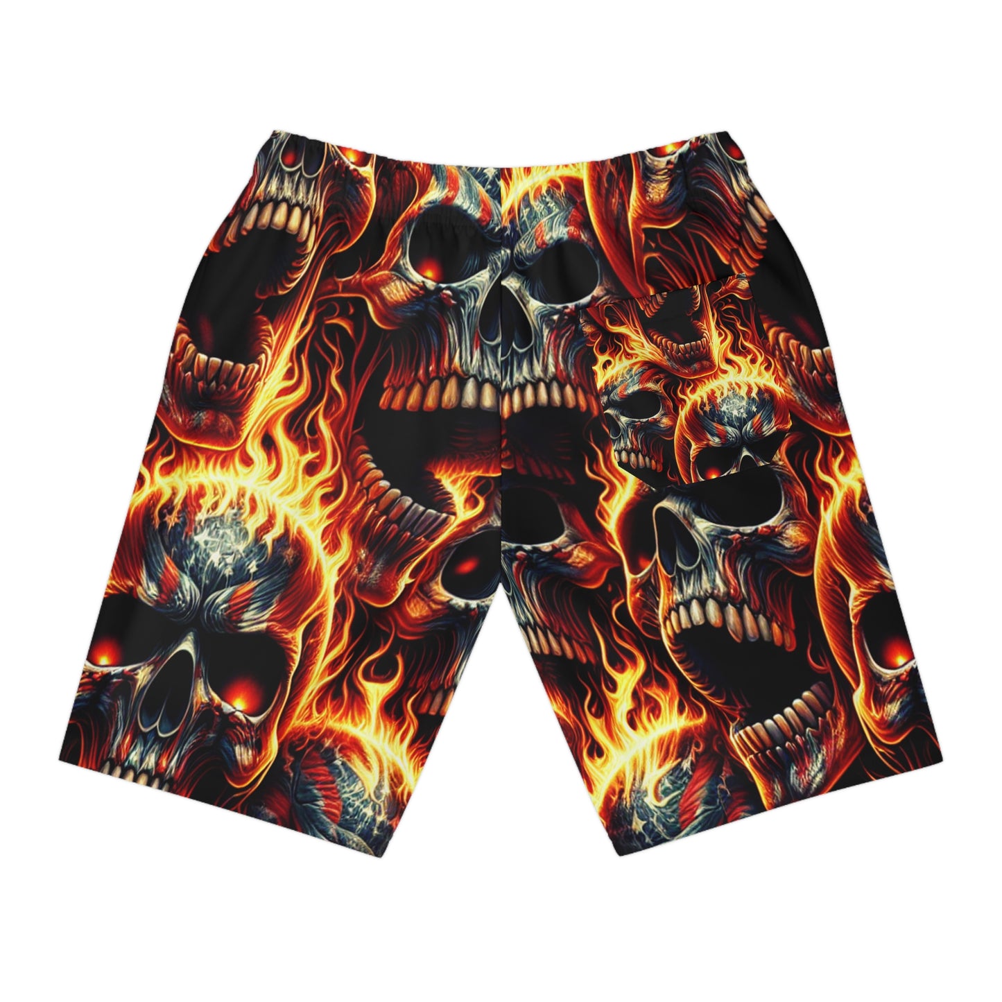 Infernal Patriot: Fiery Skulls & Stars Stripes Tattoo-Style Shorts - Patriotic Streetwear Shorts